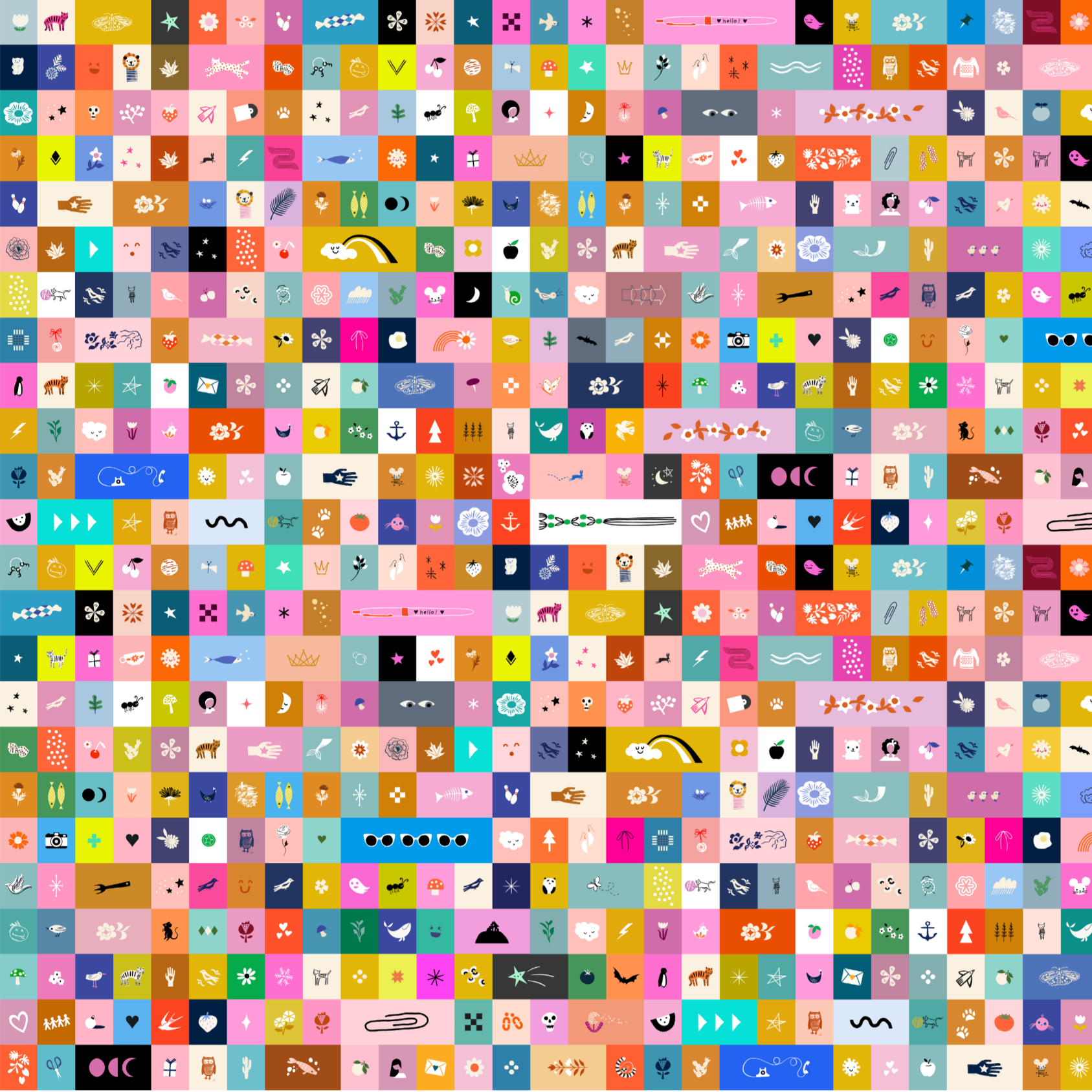 Colorful pattern of various symbols and icons arranged in a grid on a white background.