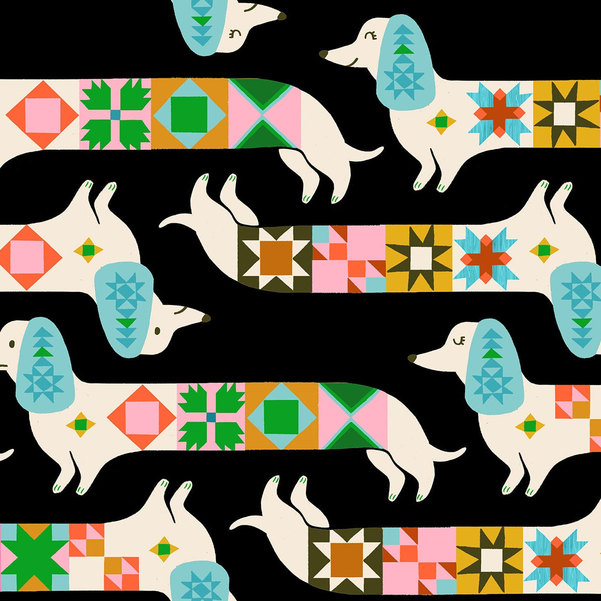 Pattern of dogs with colorful quilt designs on a black background