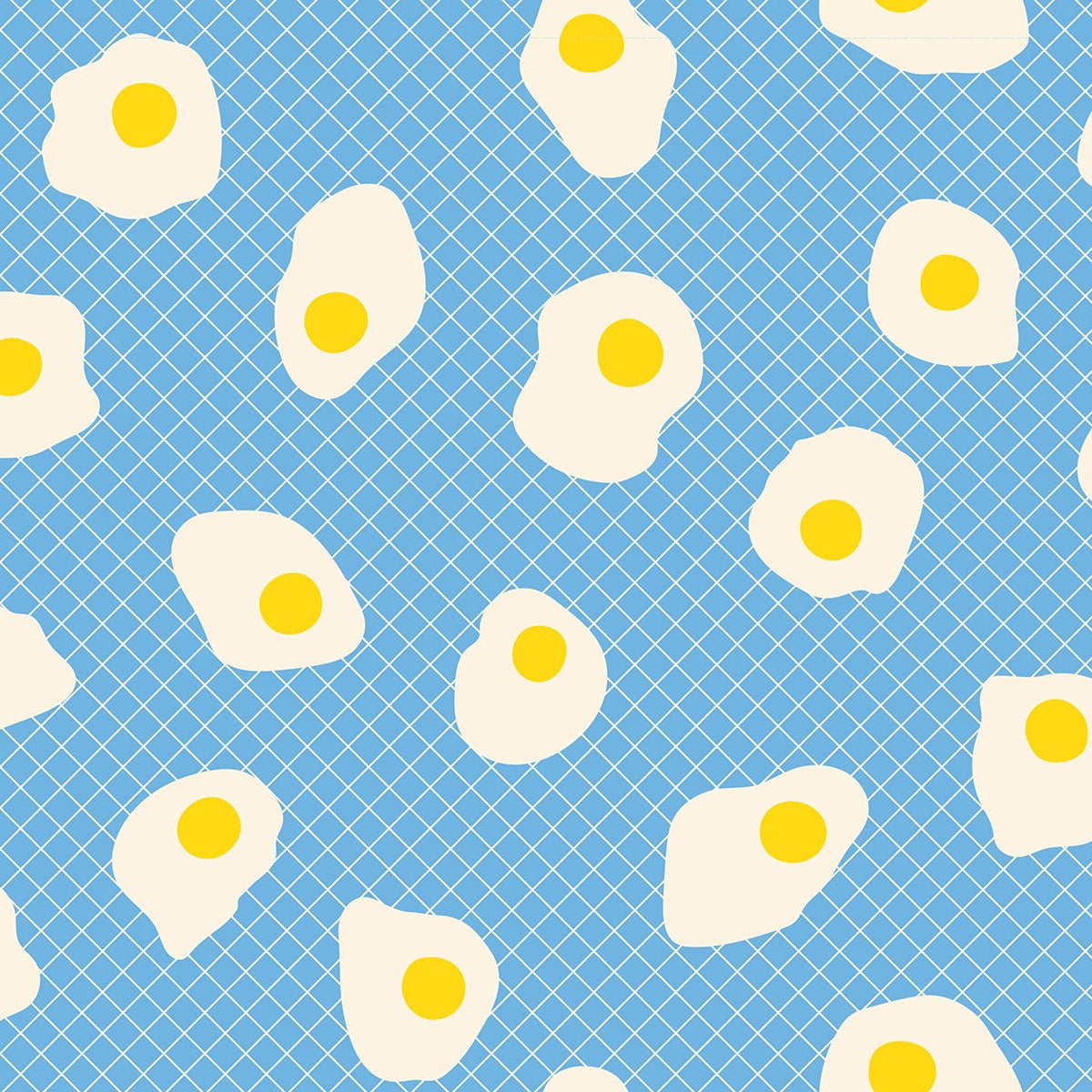 Pattern of fried eggs on a blue background with a checkered border