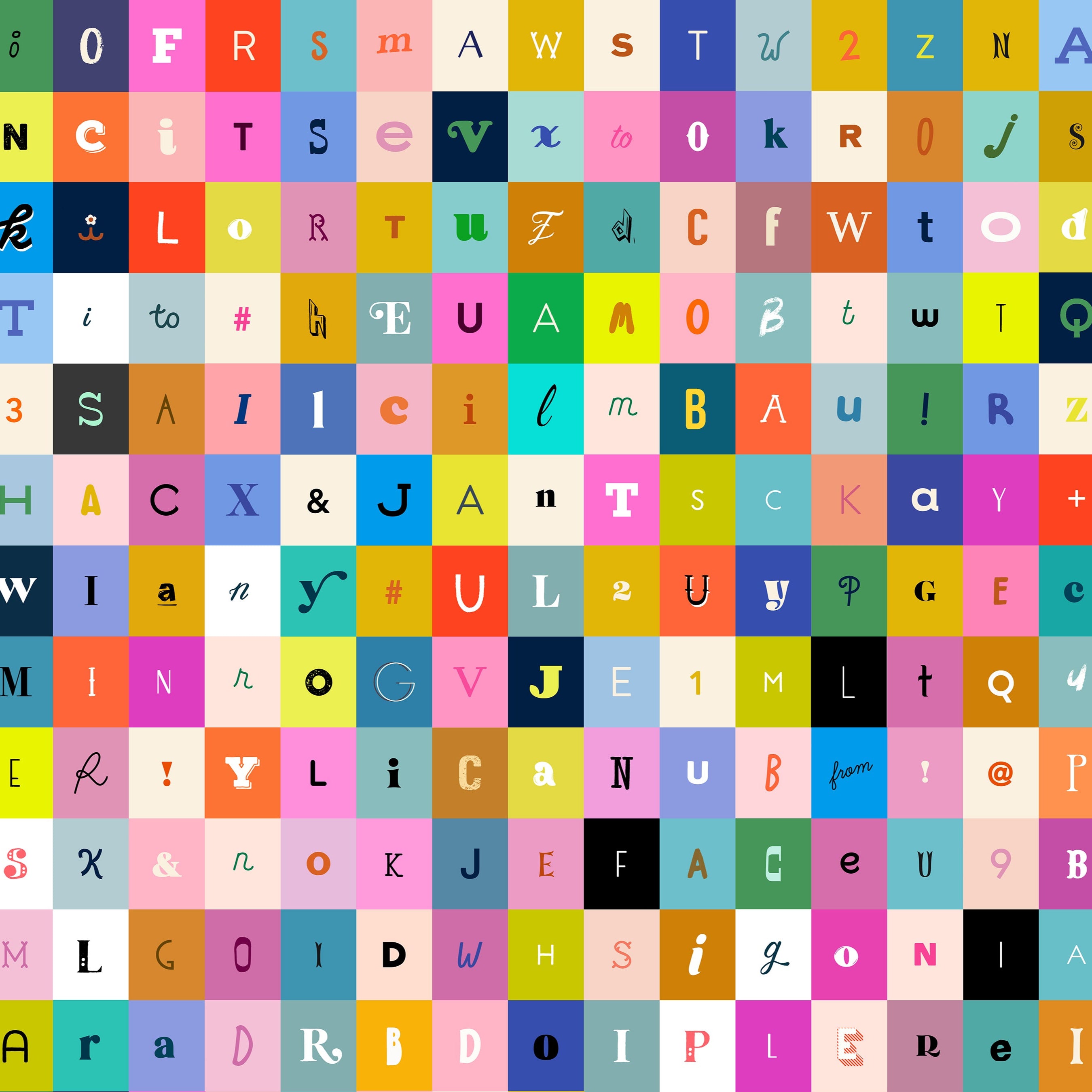 Grid of colorful letters and symbols on a white background
