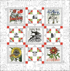 A paper quilt pattern titled 'Seed Patch' by J. Wecker Frisch, featuring a variety of quilted patches with floral and garden-themed designs, and text elements related to seeds and gardening.