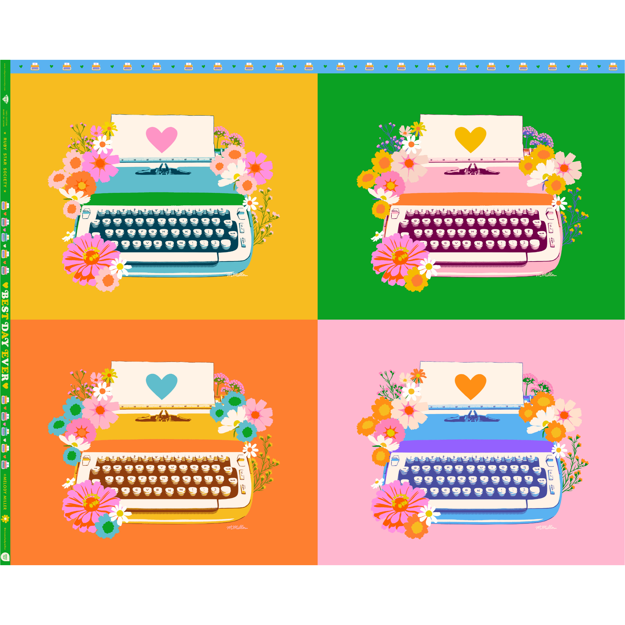 Four colorful squares with typewriters and flowers on a green and blue border.