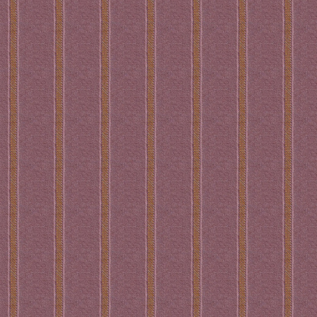 This is a close-up image of a fabric called "Stitch Lilac" in the Warp and Weft Wovens collection by Alexia Abegg. The fabric is a textured mauve with burnt orange stripes.