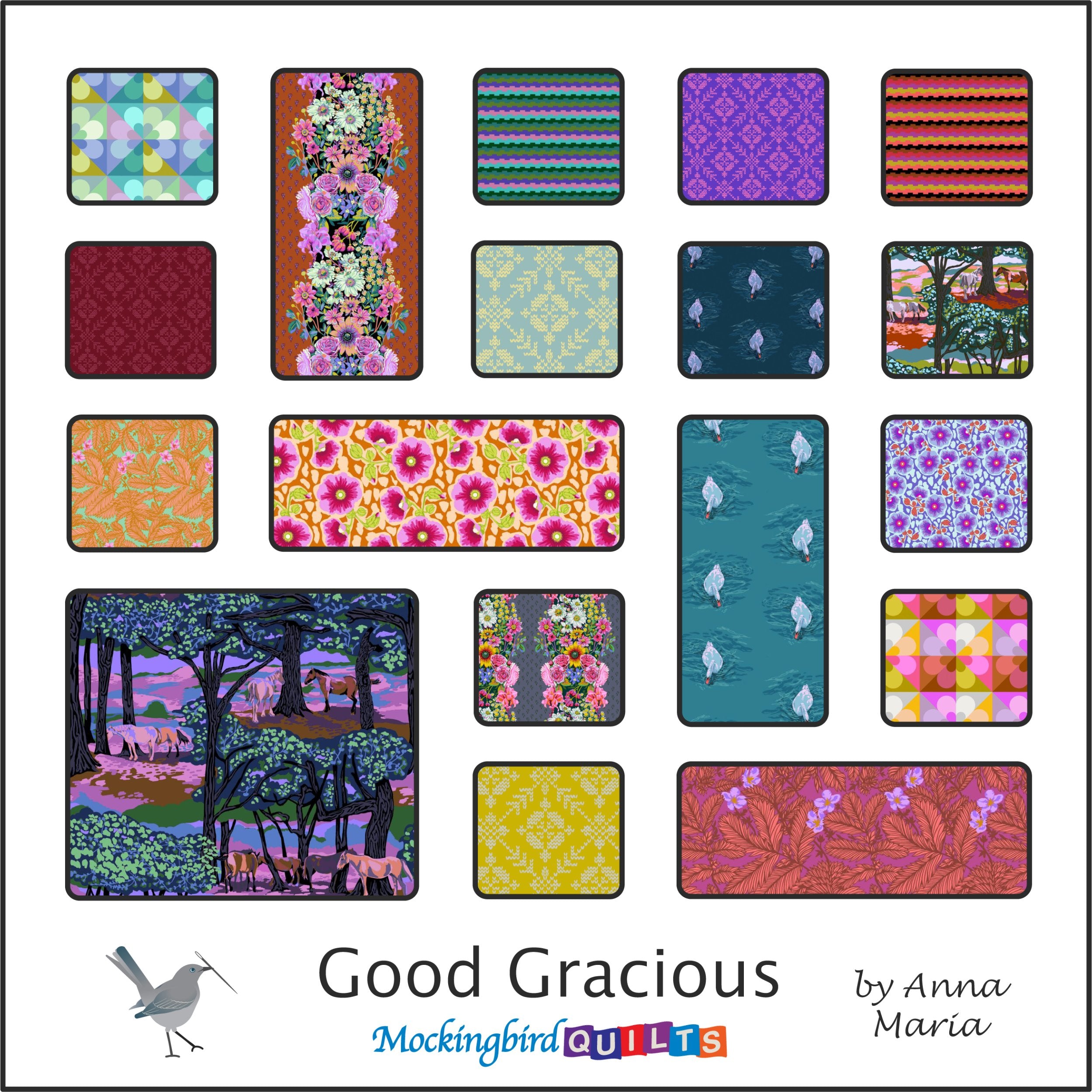 This image shows eighteen fabric swatches in the collection “Good Gracious” by Anna Maria. This fabric line was inspired by Anna’s travels through England and Scotland, where she was awed by the lush gardens, mysterious forests, and majestic wildlife.