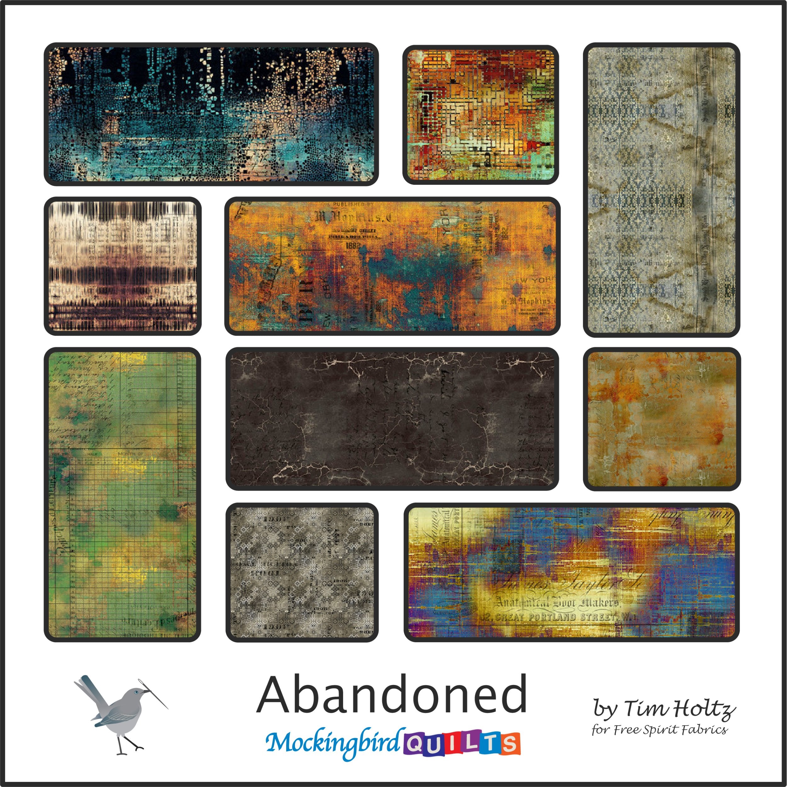 The image shows ten fabric swatches from the collection “Abandoned” by Tim Holtz for Free Spirit Fabrics. This line features abstract-inspired prints inspired by paint strokes, cracked paint, and patina. 