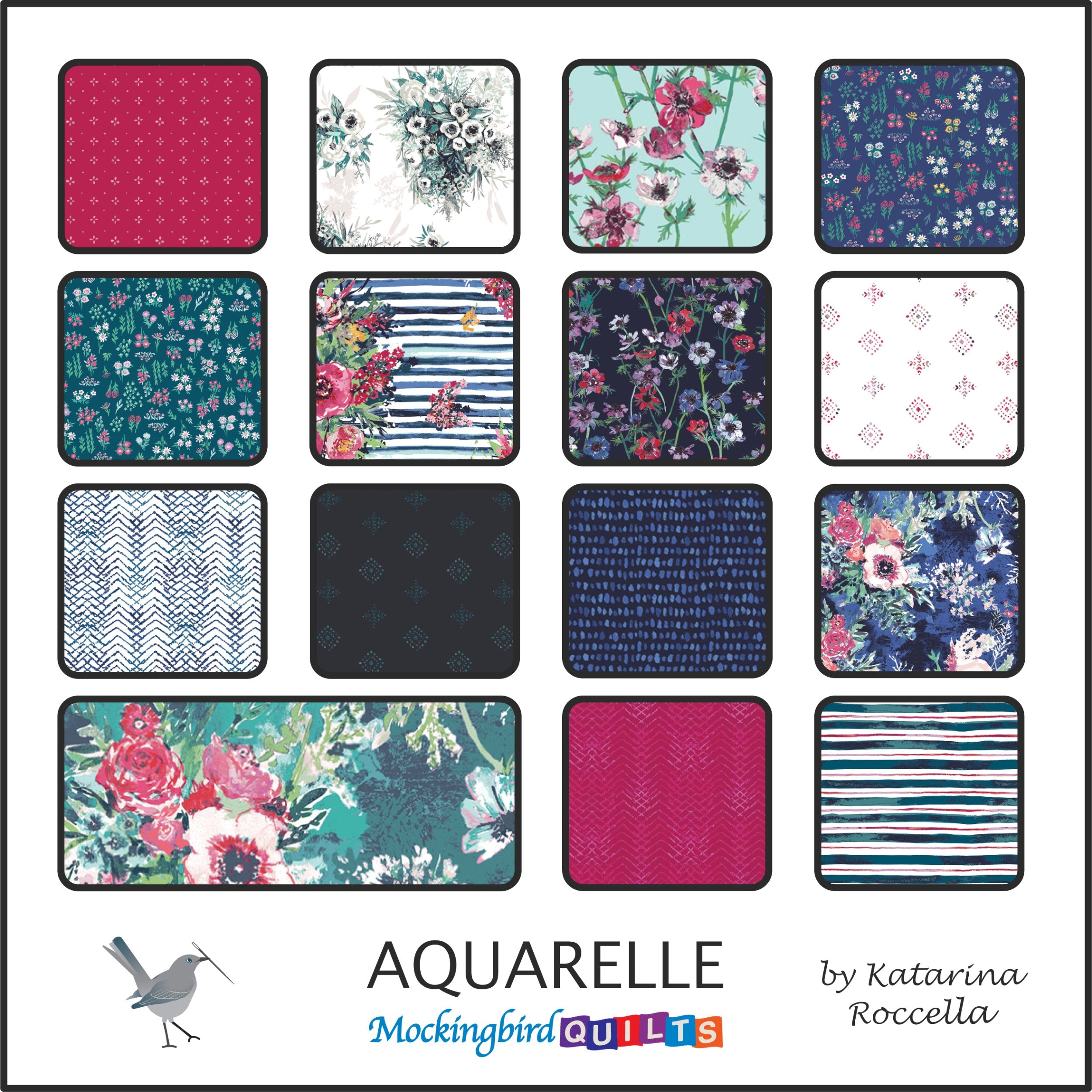 The image shows fifteen fabric swatches from the collection “Aquarelle” by Katarina Roccella for Art Gallery Fabrics. This line was inspired by the classic art of watercoloring, with hues of rich fuchsia, aqua, and navy blue.