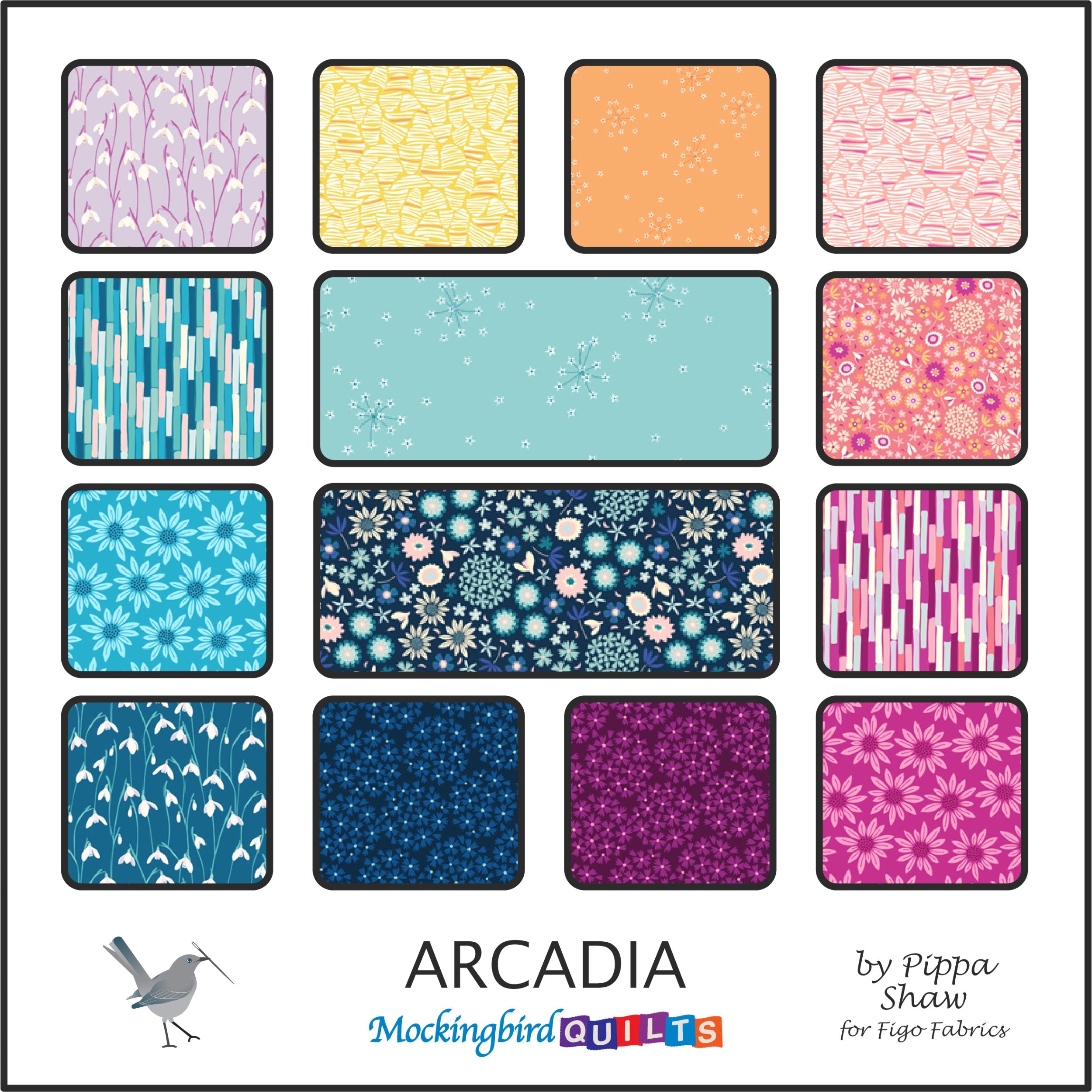 This image shows fourteen fabric swatches in the collection “Arcadia” by Pippa Shaw for Figo Fabrics. Patterns are both graphic and floral in hues of magenta, lemon yellow, cerulean, and coral, to name a few.