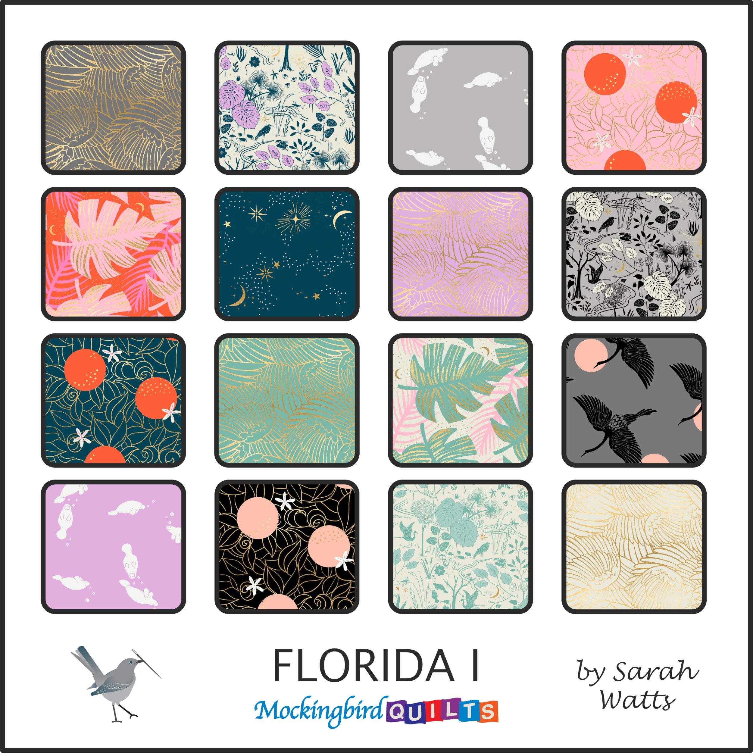 This image shows sixteen fabric swatches in the collection “Florida, volume one” by Sarah Watts of Ruby Star Society for Moda Fabrics. This line was inspired by Watts’ childhood in the sunshine state, featuring colorful, playful prints.