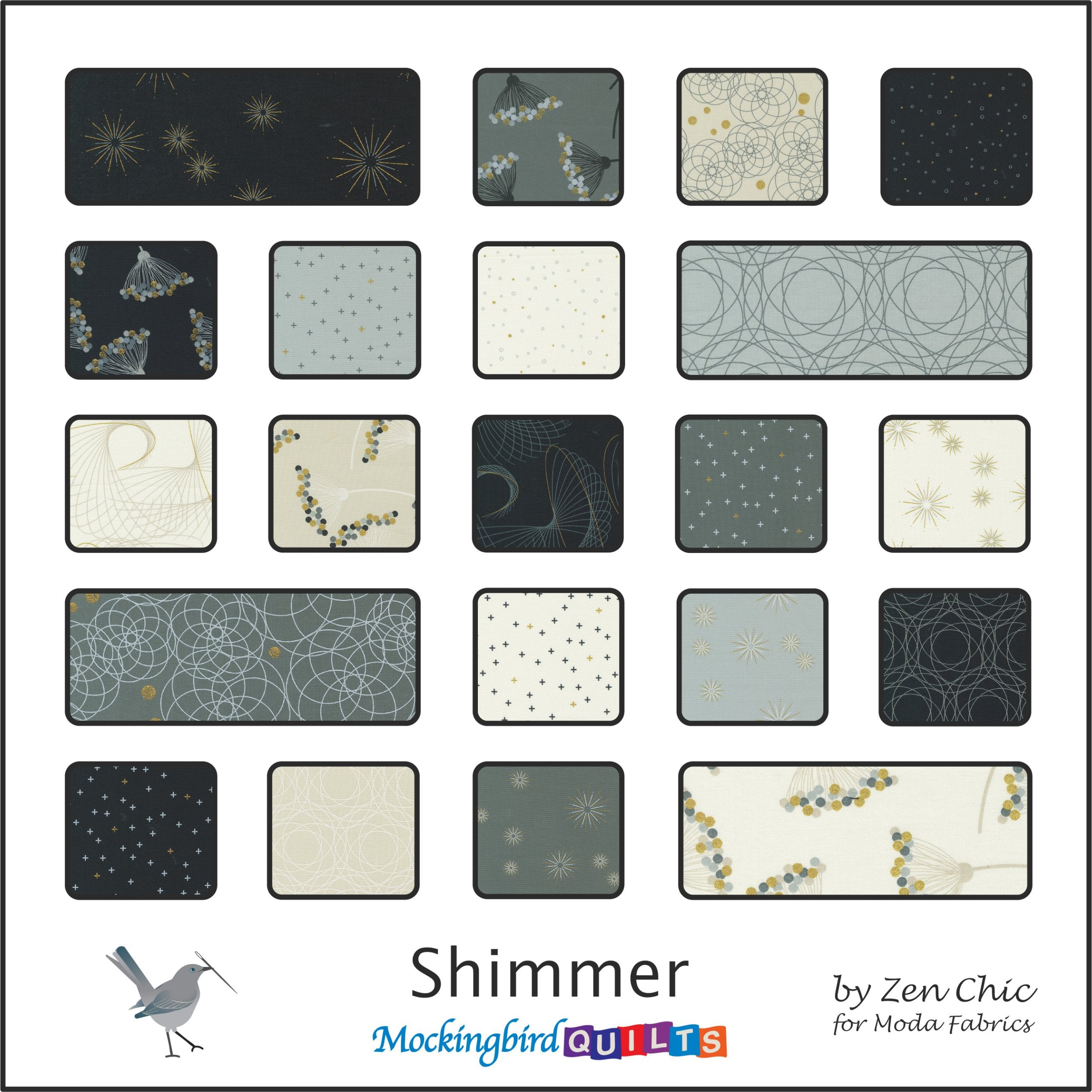 A collage of the fabrics sold by Mockingbird Quilts from the Shimmer Collection by Zen Chic.