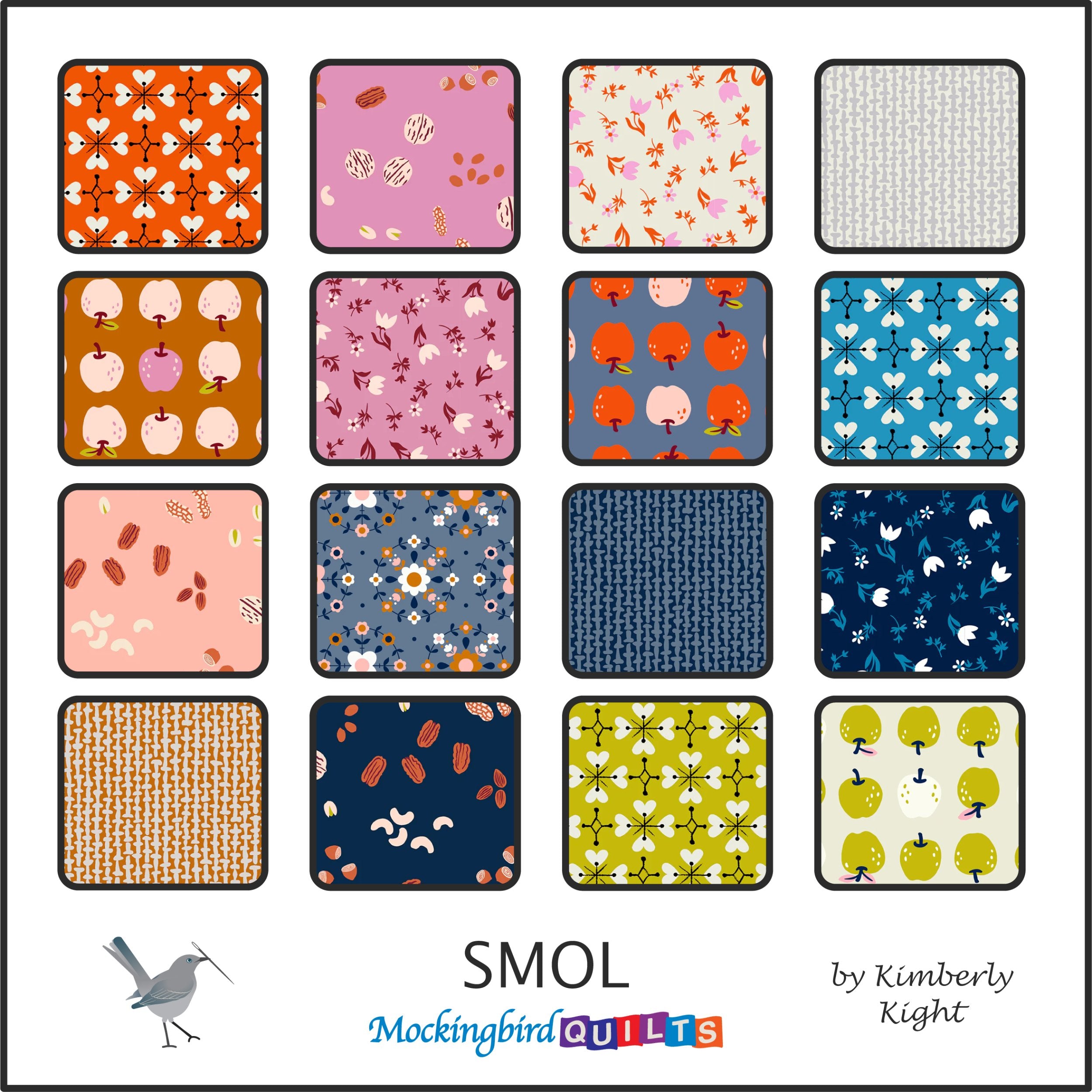 The image shows sixteen fabric swatches from the collection “Smol” by Kimberly Kight. This colorful line features playful prints of apples, flowers, graphic patterns, and more. 