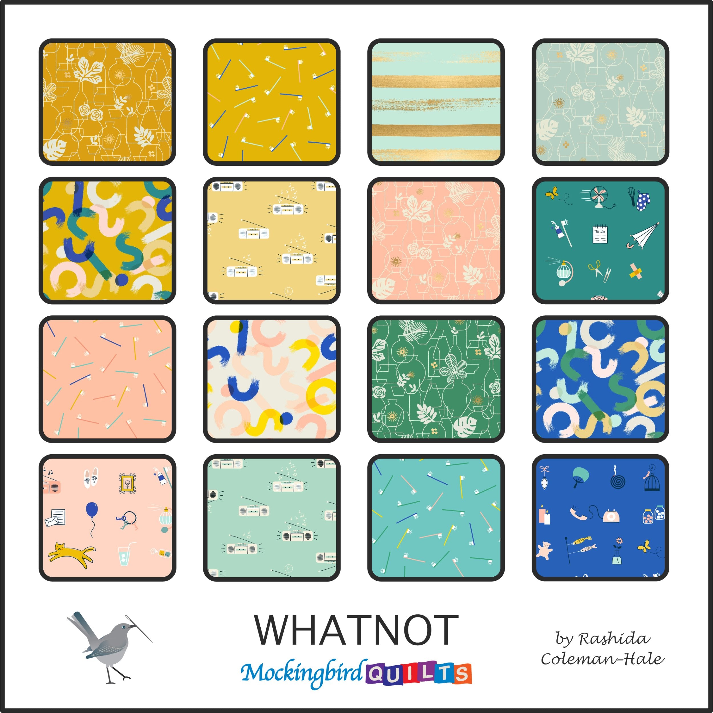 This image shows sixteen fabric swatches in the collection “Whatnot” by Rashida Coleman-Hale. This fabric line includes patterns of everyday objects contrasted against bright blue, green, yellow, and peach.