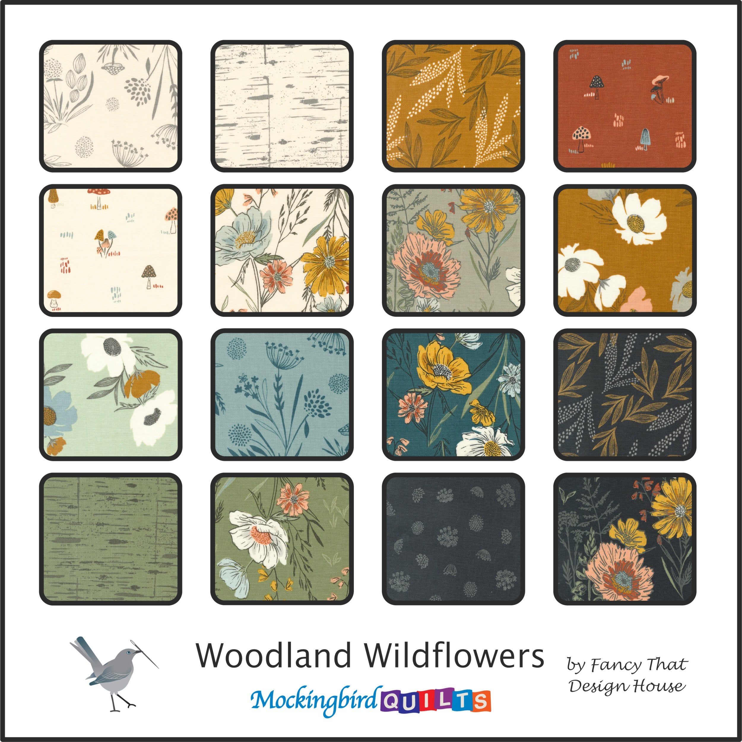 This image shows sixteen fabric swatches from the collection “Woodland Wildflowers” by Fancy That Design House for Moda Fabrics. This line features earth-toned prints of florals, mushrooms, leaves, and branches.