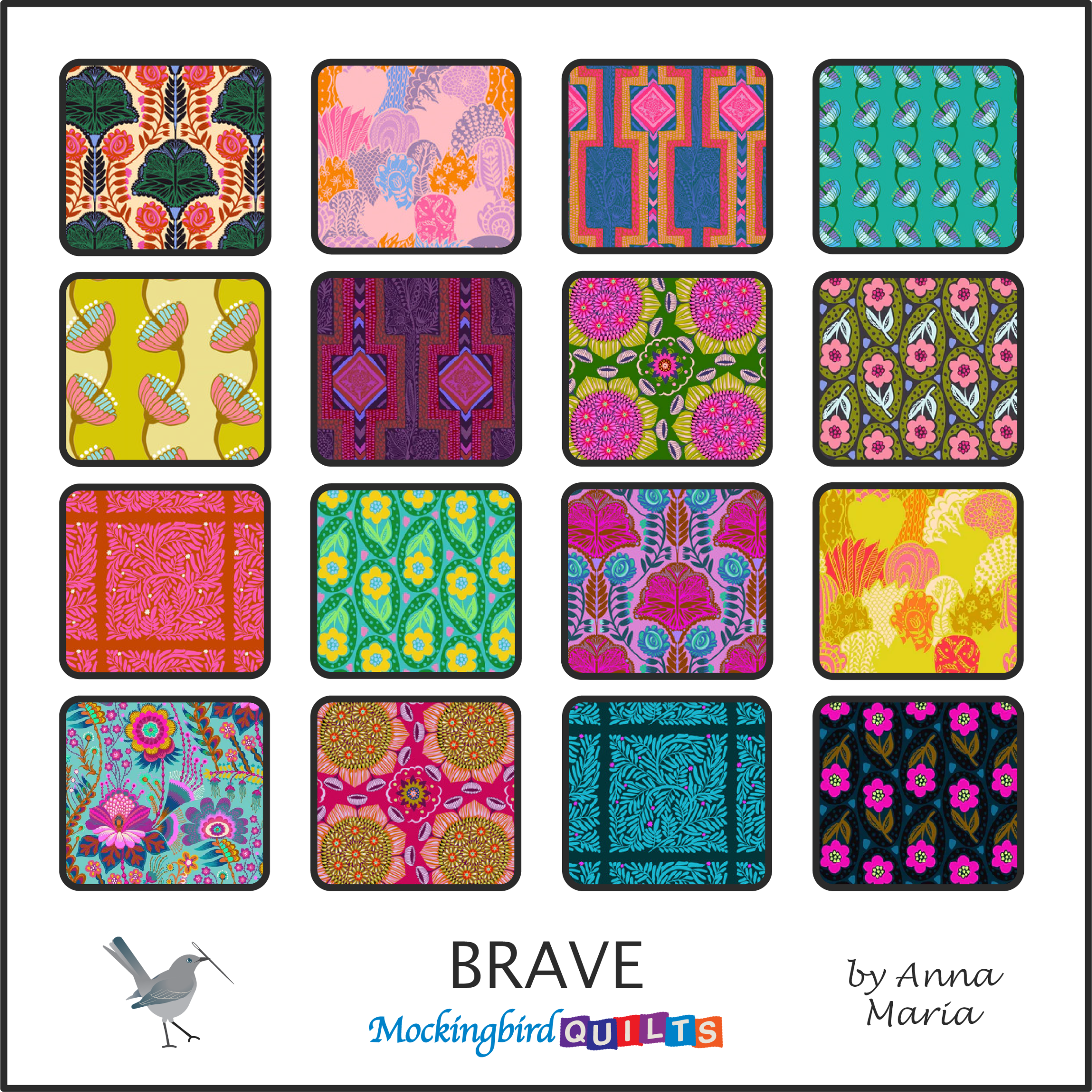 This image shows sixteen fabric swatches in the collection “Brave” by Anna Maria. Prints in this line are bold and unique, mixing nature with graphics and retro style.