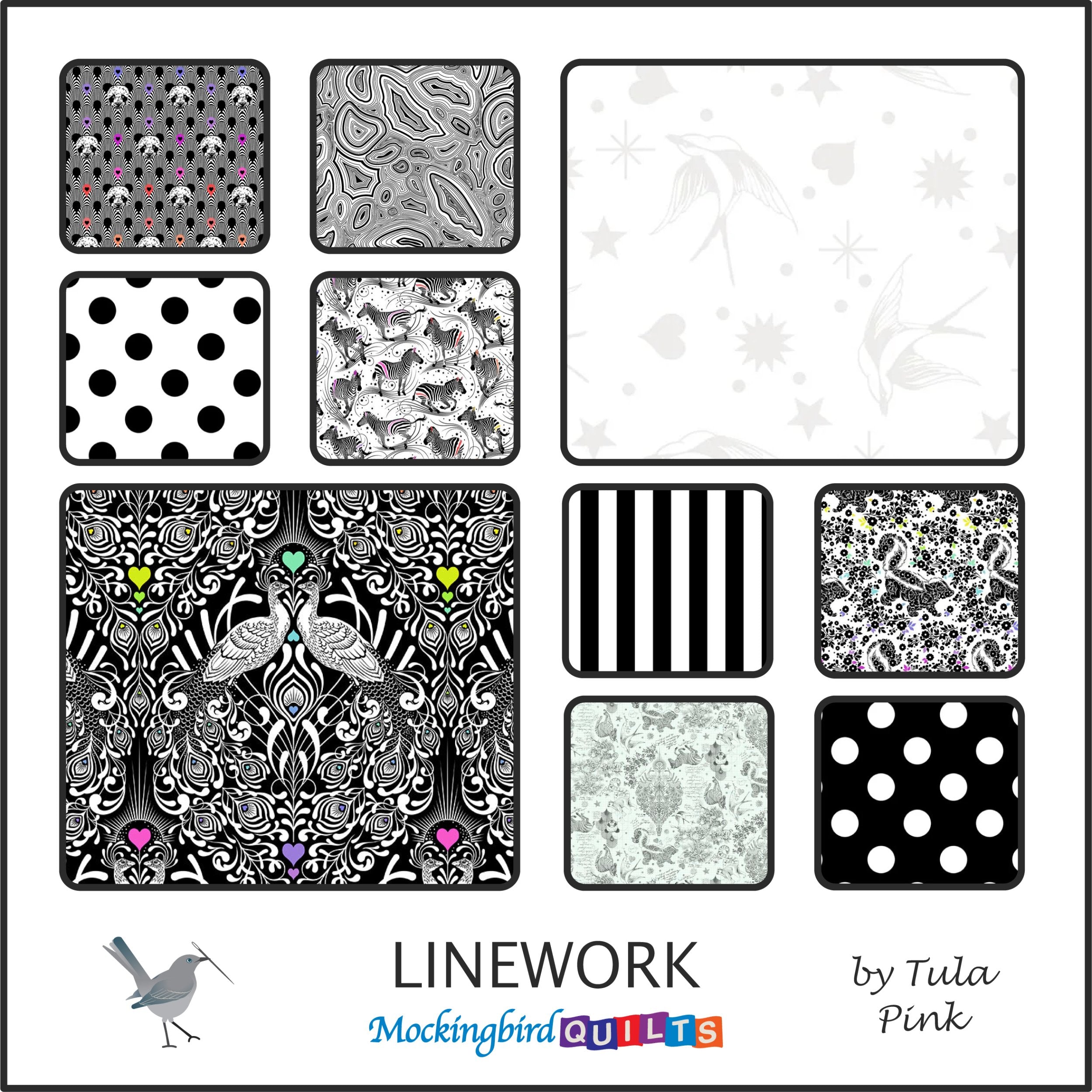 The image shows ten fabric swatches from the collection “Linework” by Tula Pink for FreeSpirit Fabrics. This line is a tribute to Tula’s design process, featuring black and white prints of animals with pops of color.