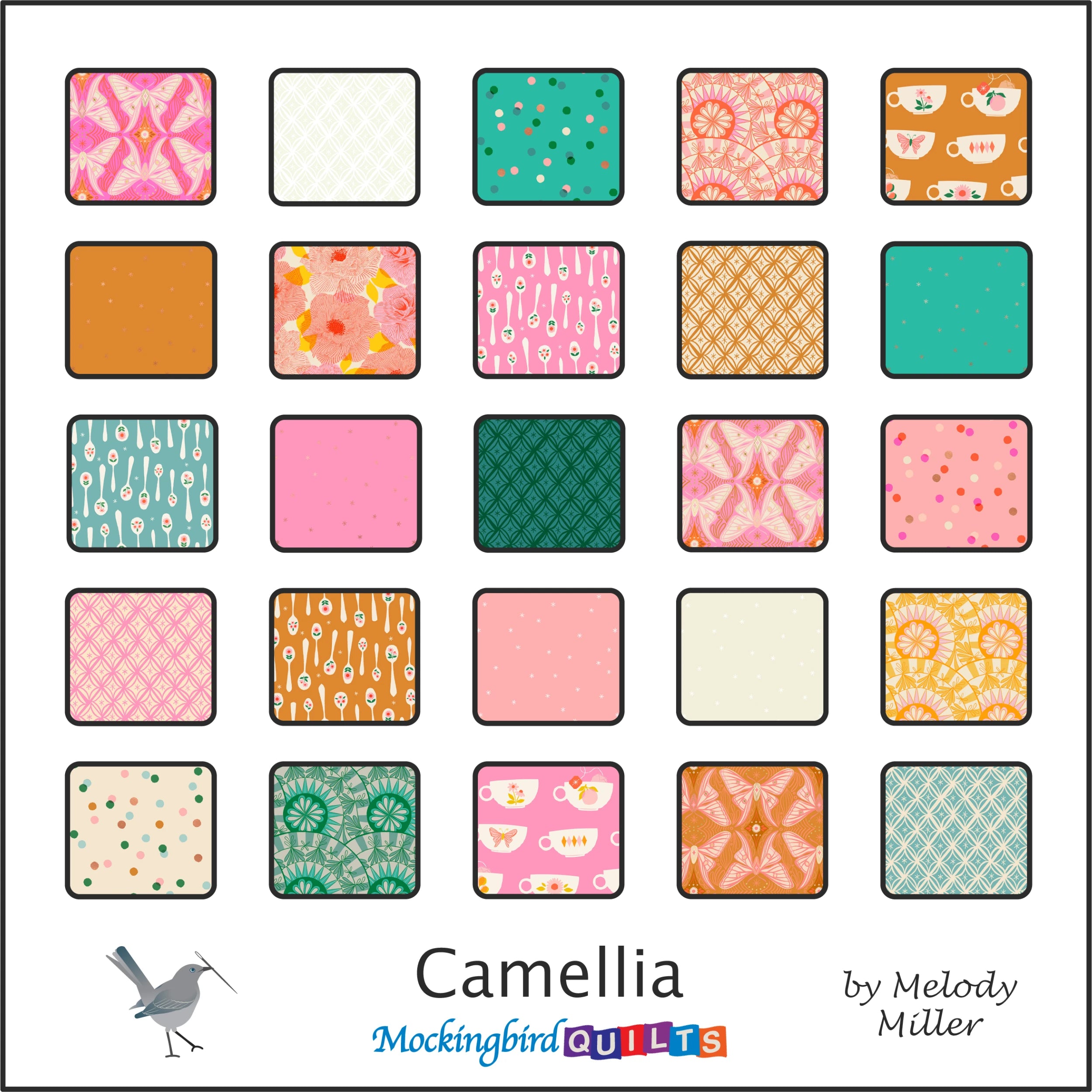 The image shows twenty-five fabric swatches from the collection “Camellia” by Melody Miller for Ruby Star Society. This line was inspired by the concept of a 1960s tea room, featuring wallpaper-inspired prints, florals, and even teacups themselves.