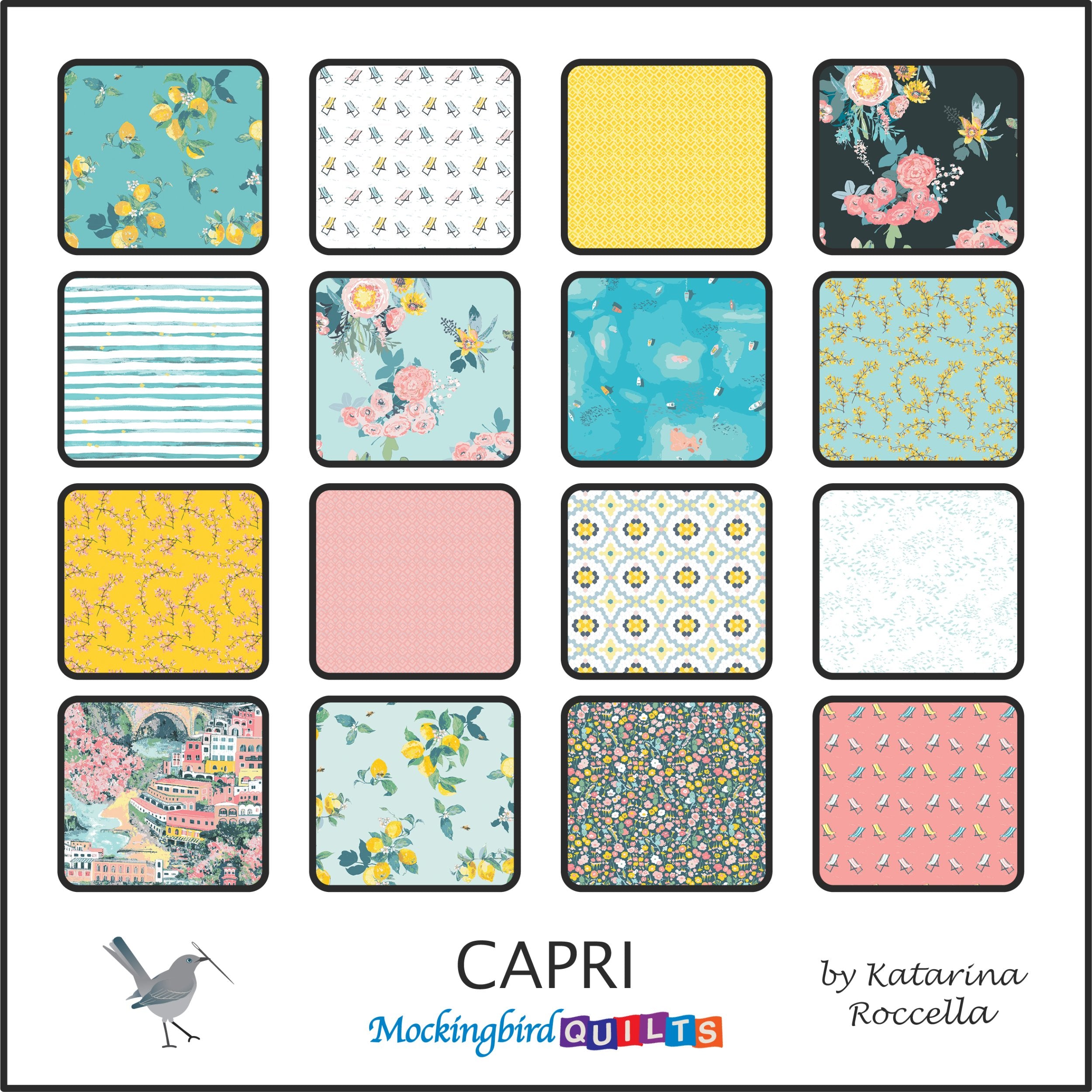 The image shows sixteen fabric swatches from the collection “Capri” by Katarina Roccella for Art Gallery Fabrics. This line was inspired by the isle of Capri featuring coastal tones and zesty summer prints.