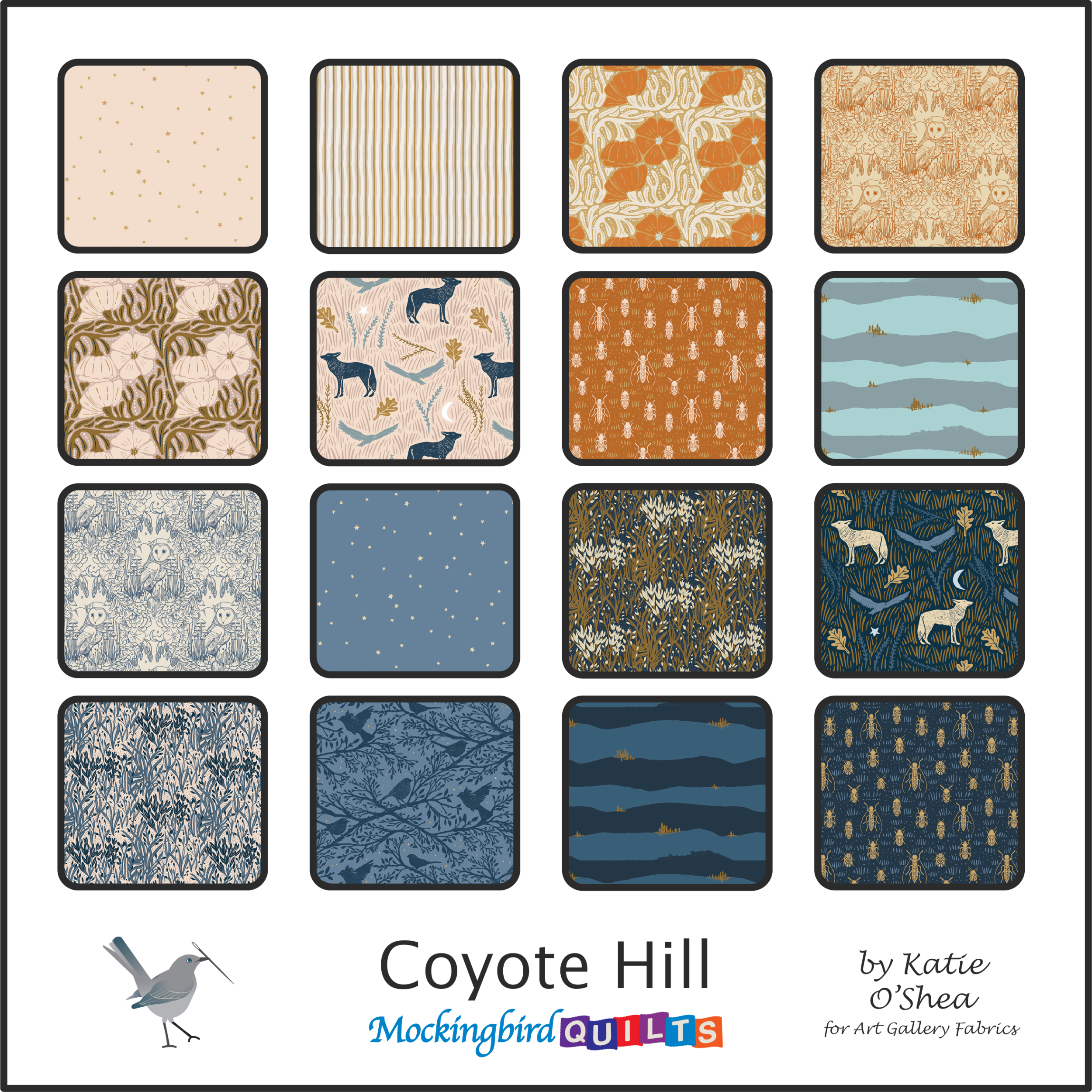 This image shows sixteen fabric swatches in the collection “Coyote Hill” by Katie O’Shea for Art Gallery Fabrics. Inspired by O’Shea’s own experiences in nature, this line features graphic but natural prints with owls, soft pinstripes, florals, and more.