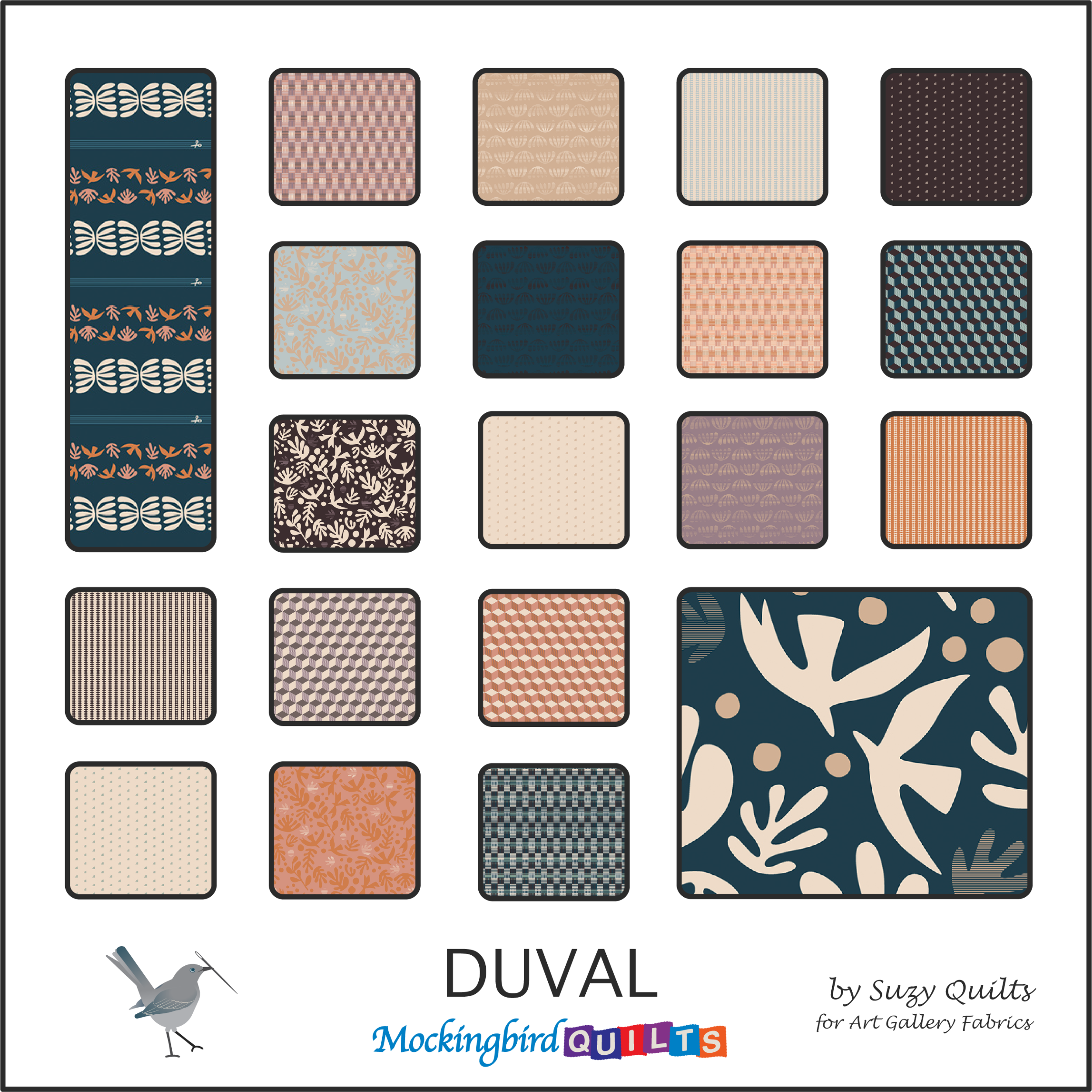 This image shows twenty fabric swatches from the collection “Duval” by Suzy Quilts for Art Gallery Fabrics. “Duval” was inspired by Key West in the 1960s, with its unique combination of metropolitan flair and easy-going island vibes.