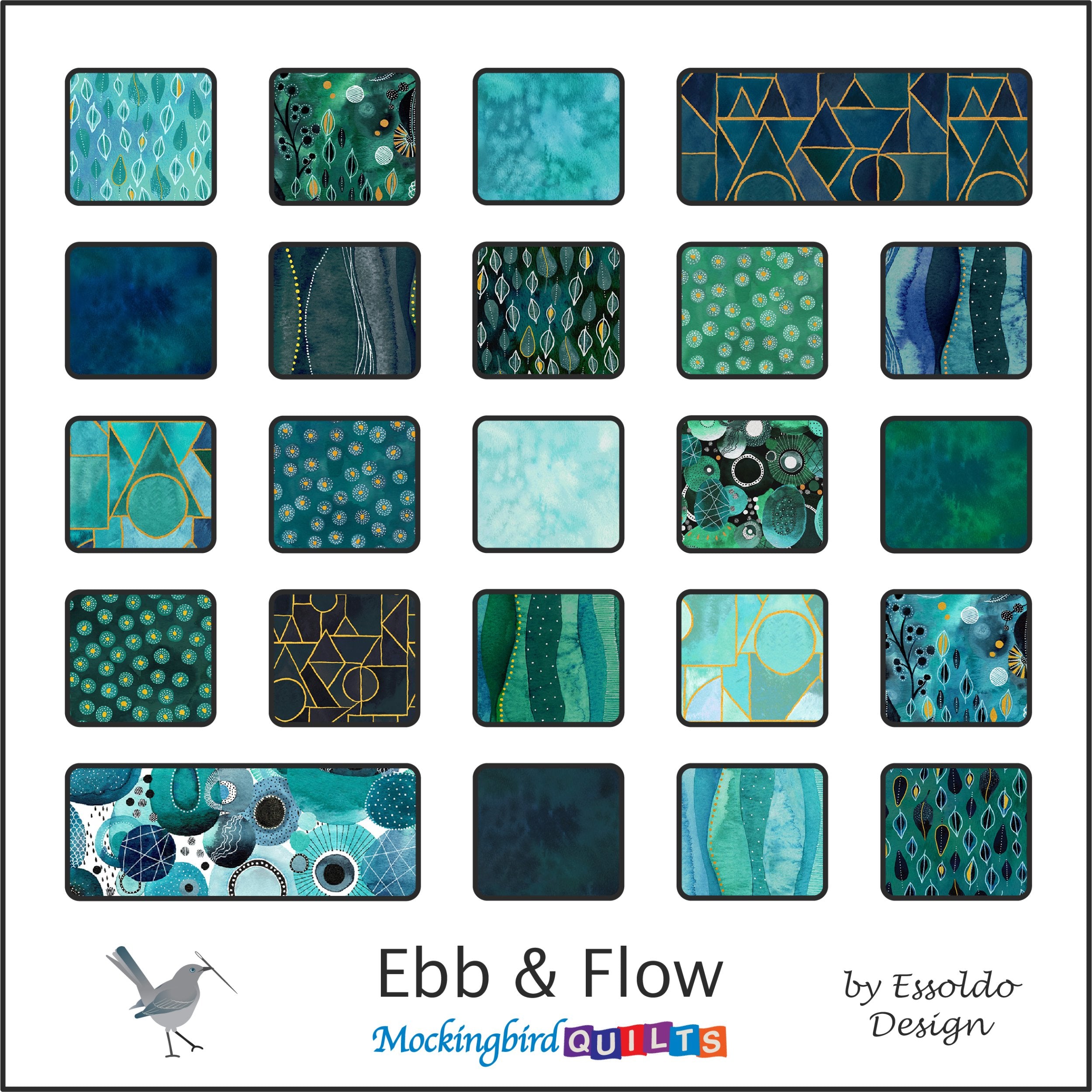 The image shows twenty-three fabric swatches from the collection “Ebb & Flow” by Kate Leach of Essoldo Design. Fabrics in this line feature abstract prints in shades of aqua, blue, and green with gold accents woven throughout.