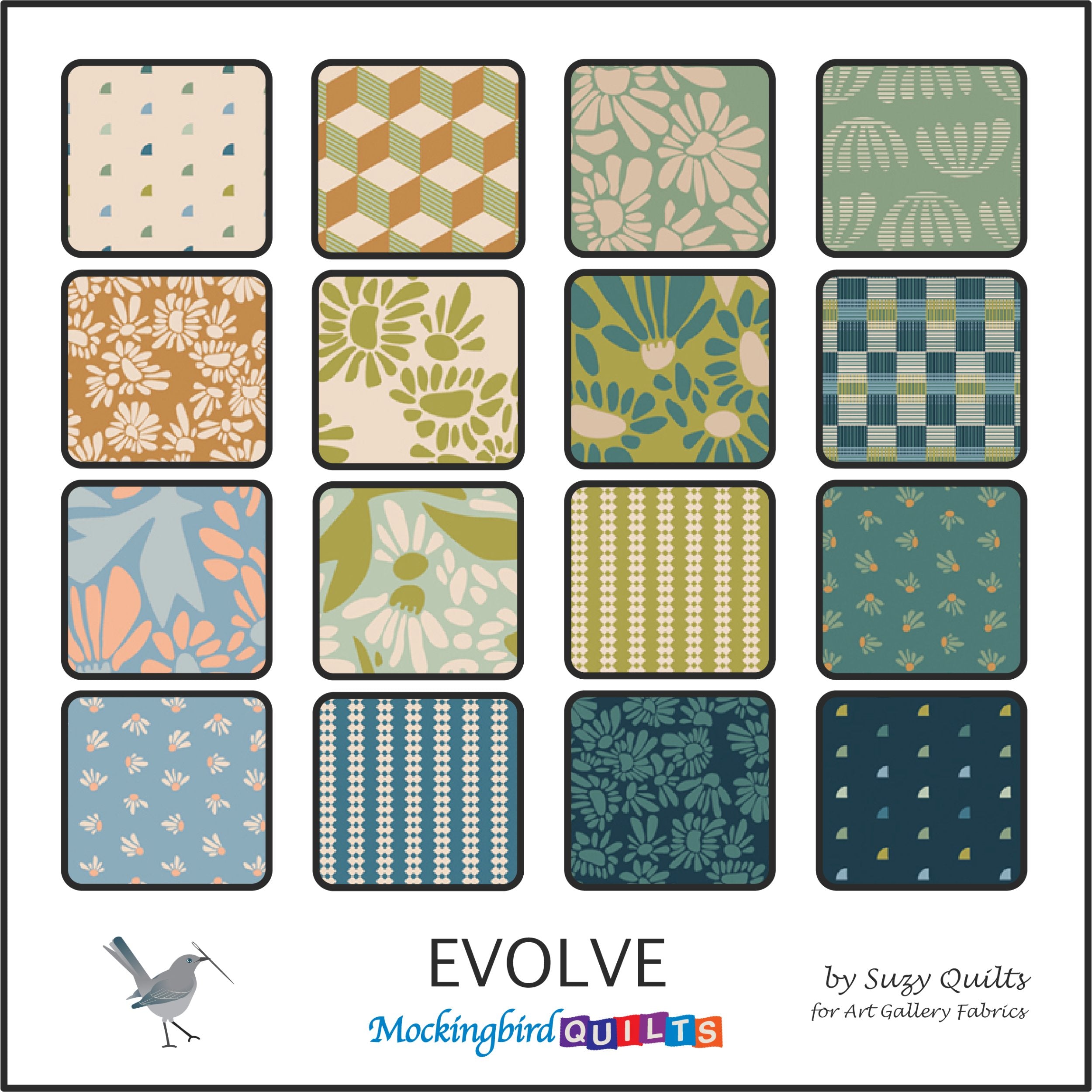 This image shows sixteen fabric swatches from the collection “Evolve” by Suzy Quilts for Art Gallery Fabrics. “Evolve” is the sequel to Suzy’s first collection, featuring 1960s New York menswear artfully blended with the casual sophistication of Key West.