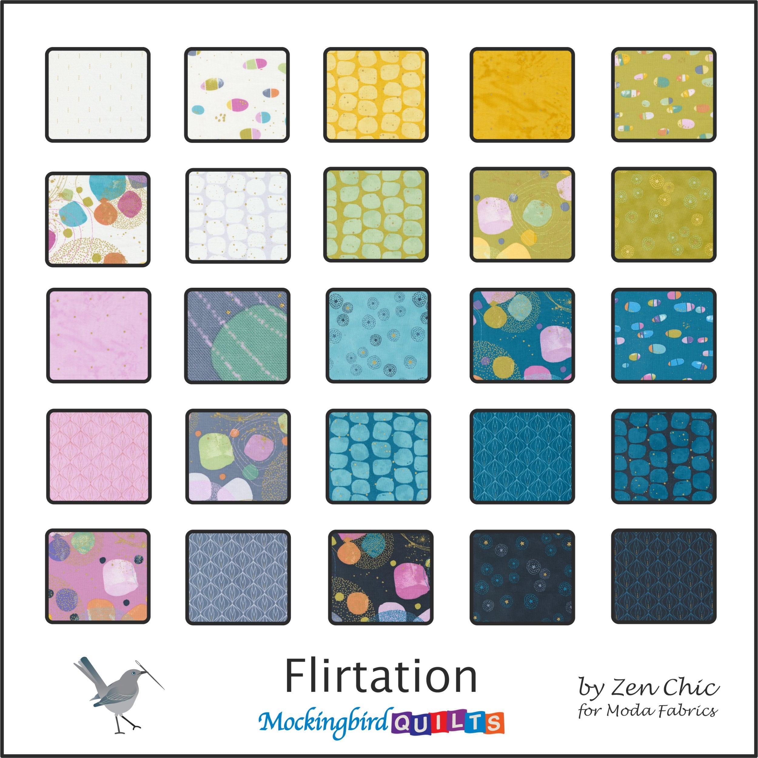 The image shows twenty-five fabric swatches from the collection “Flirtation” by Zen Chic for Moda Fabrics. This line features contemporary, abstract prints in a range of playful colors like carnation pink, turquoise, marigold, and lime green.