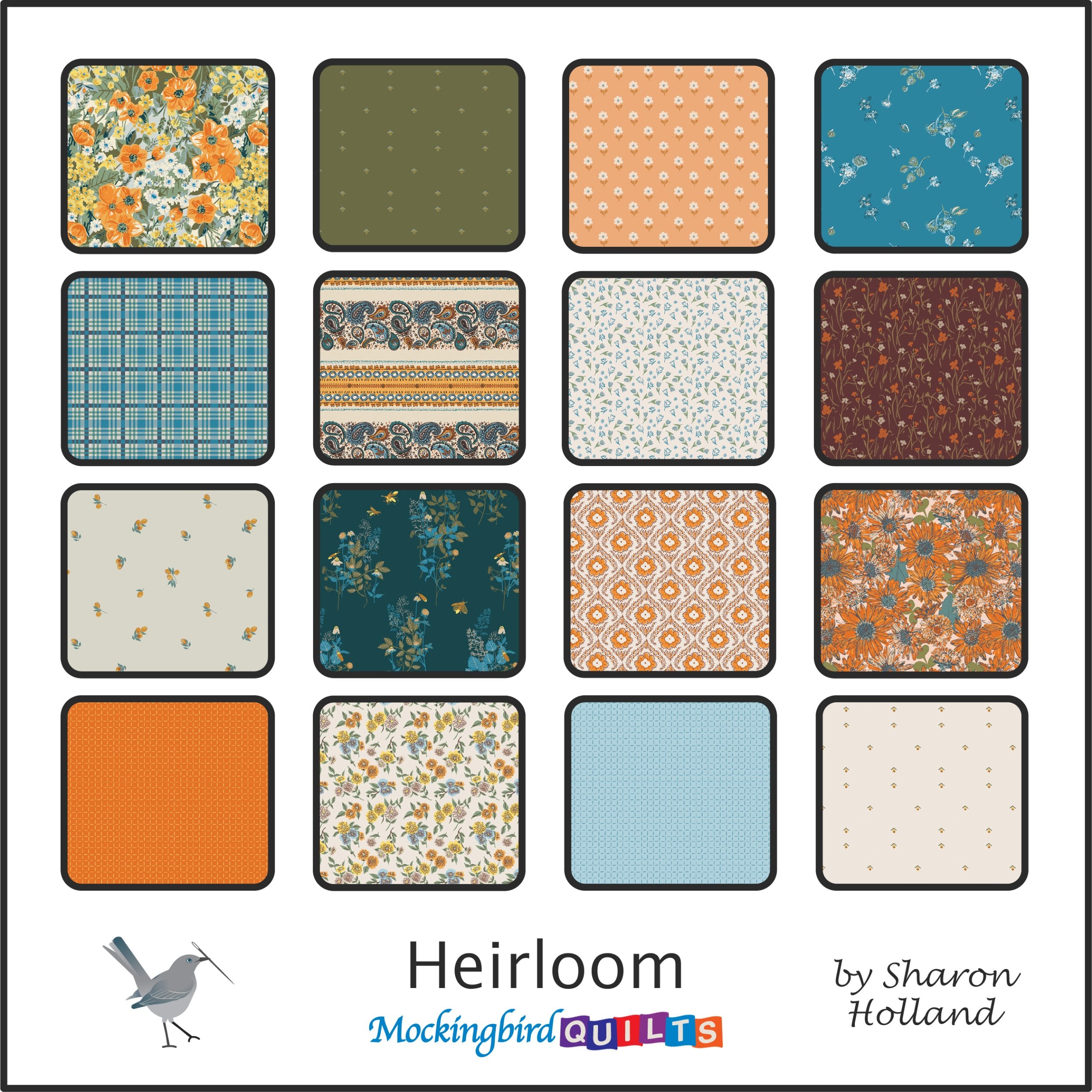 The image shows sixteen fabric swatches from the collection “Heirloom” by Sharon Holland. This line was inspired by that feeling of reminiscence, with a vintage color palette of orange, teal, lemon, and olive.