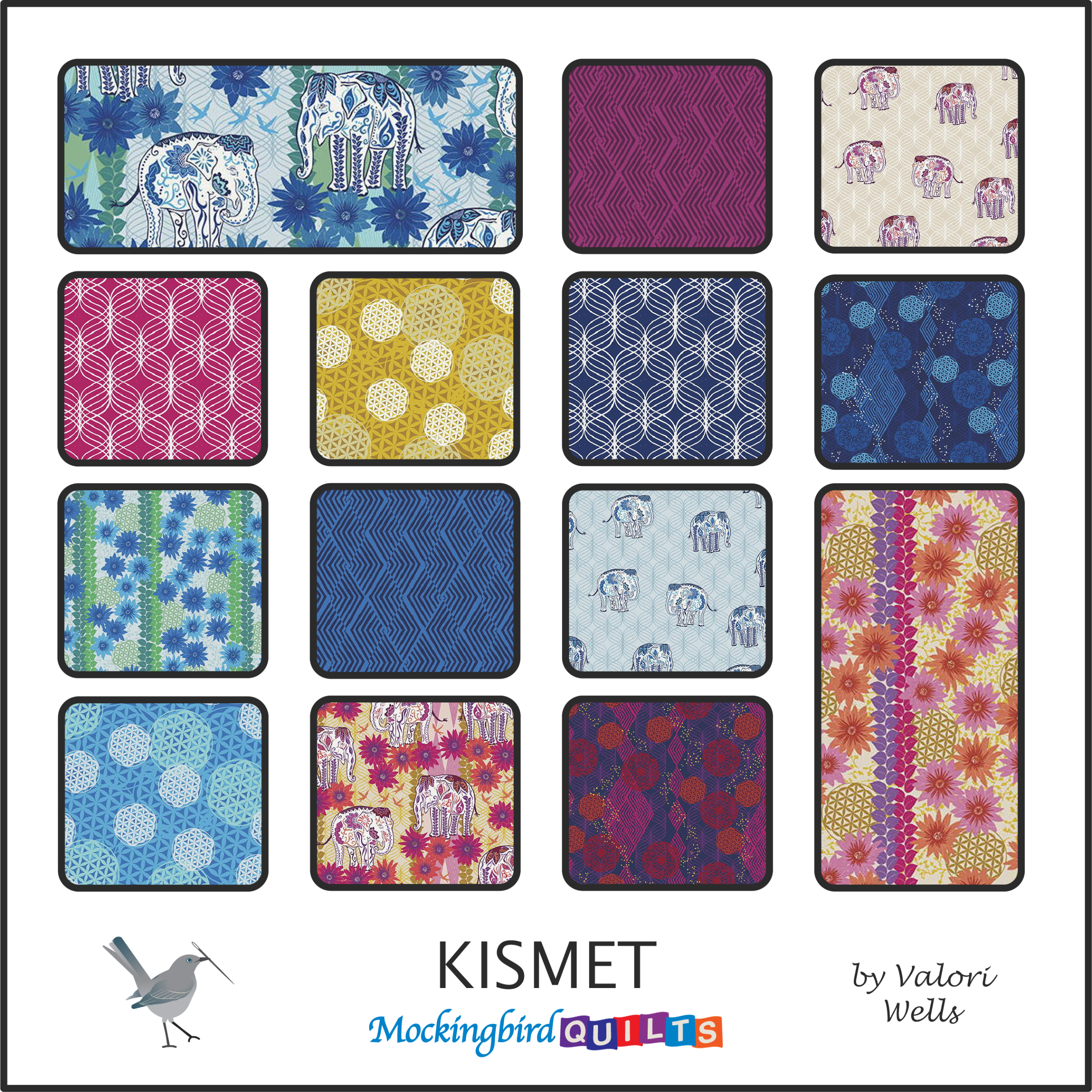 This image shows fourteen fabric swatches from the collection “Kismet” by Valori Wells. This line was inspired by the beautiful isle of Bali and its vibrant people and culture.