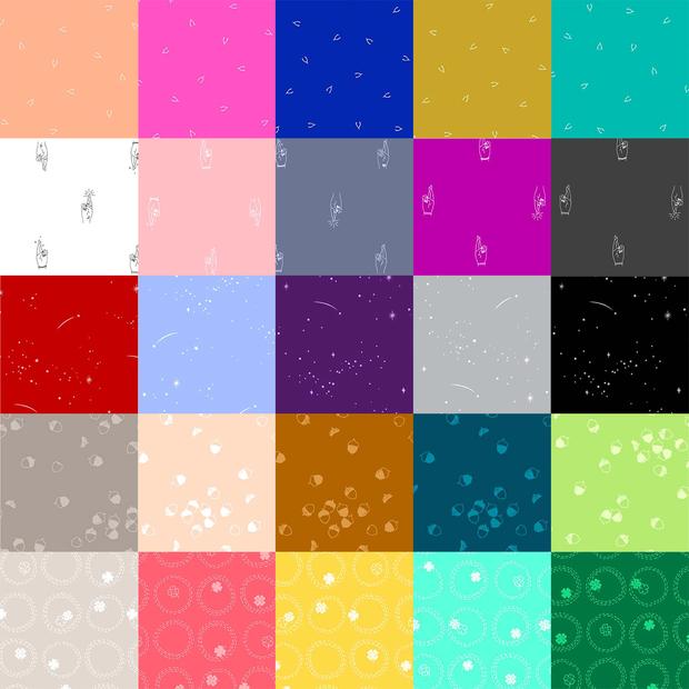 At the top of the image and centered is the text "Lucky Charms by Figo Studio." Along the bottom are five fabric cuts folded into triangles, point up like mountains. The fabrics are black, gray, aqua, magenta, and burnt orange.