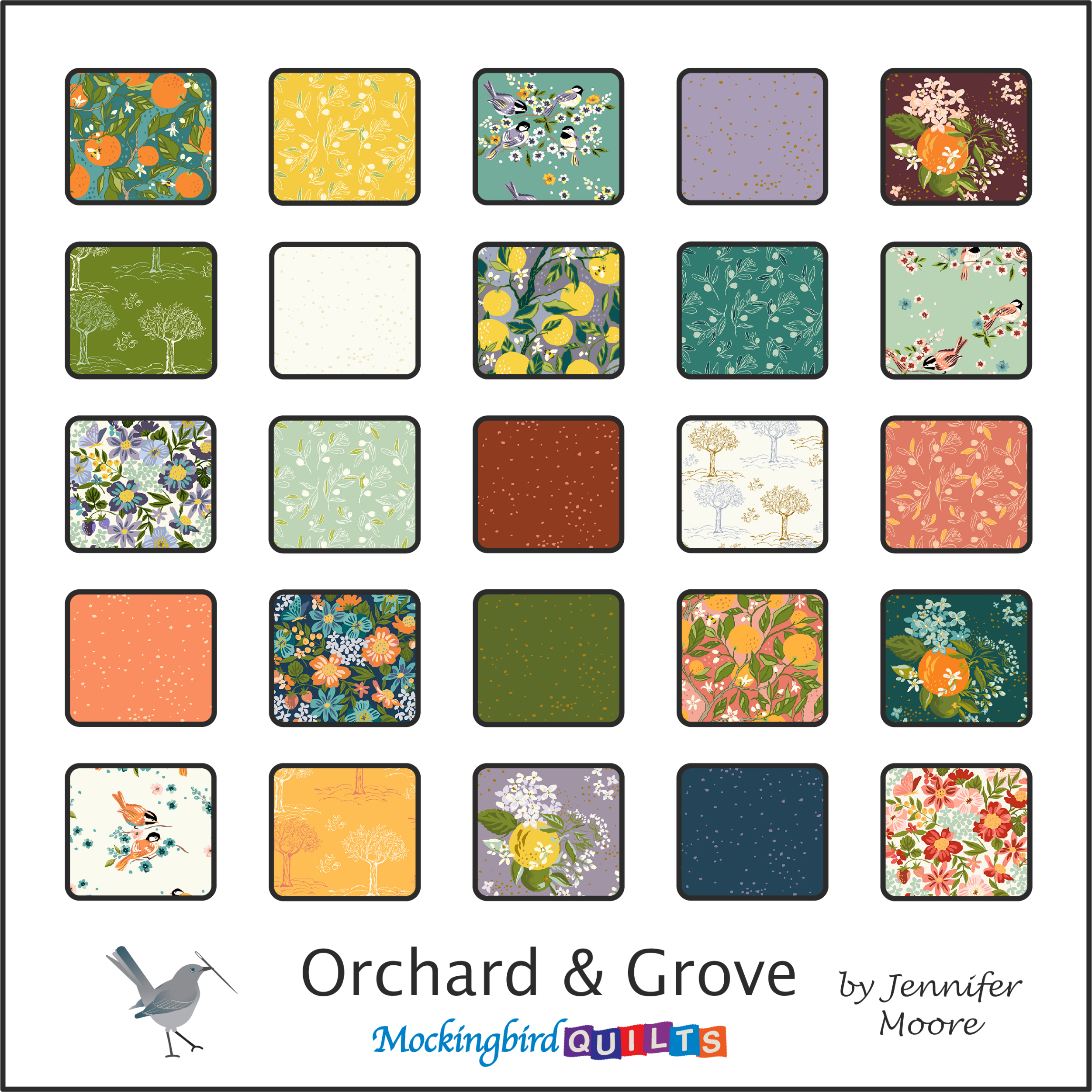 The image shows twenty-five fabric swatches from the collection “Orchard & Grove” by Jennifer Moore of Monaluna. This line was inspired by the rolling orchards of California, with nature-themed prints featuring flowers, trees, birds, fruit, and more. 