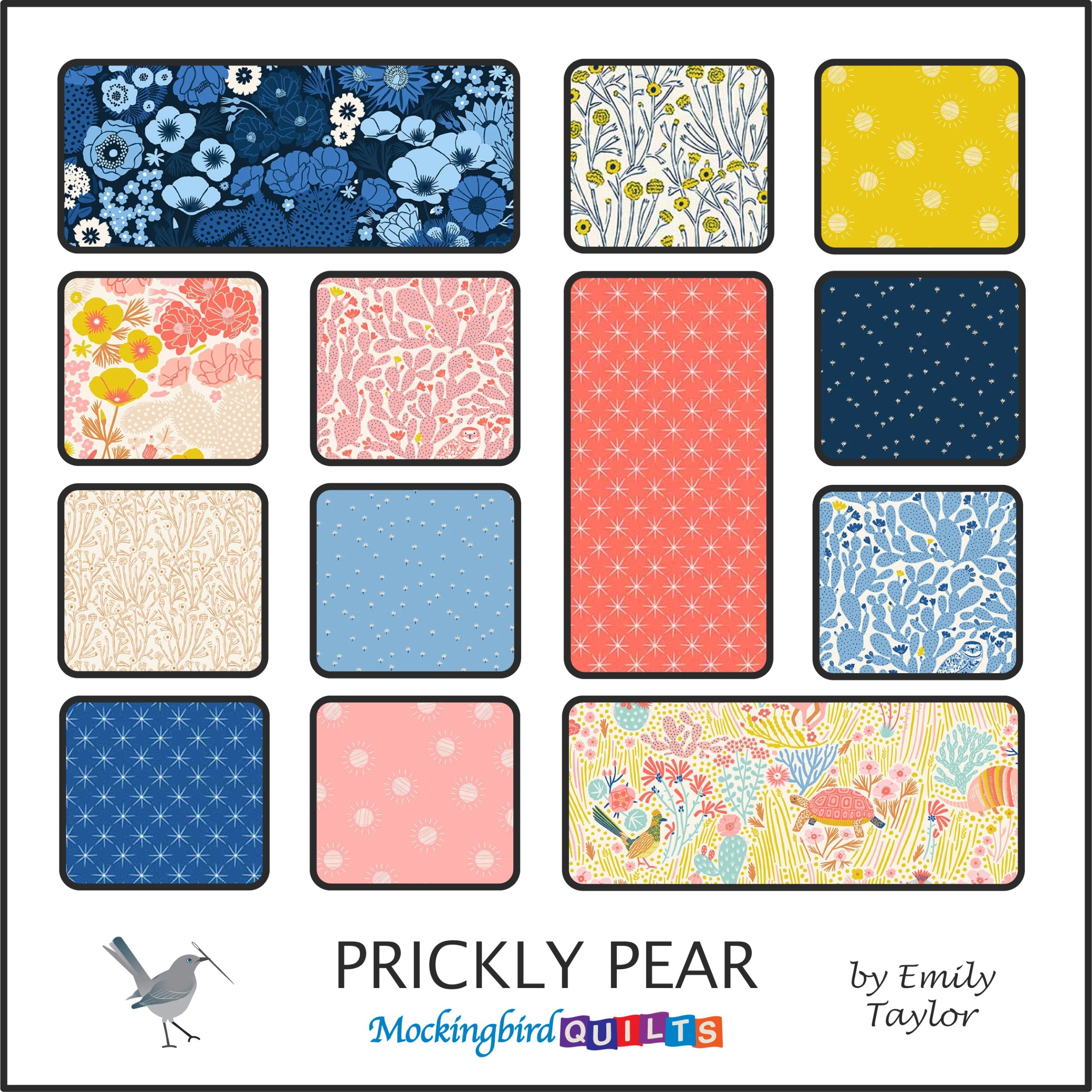 This image shows thirteen fabric swatches in the collection “Prickly Pear” by Emily Taylor. This fabric line was inspired by the beauty of the desert, with patterns of sharp florals and sunny cacti.