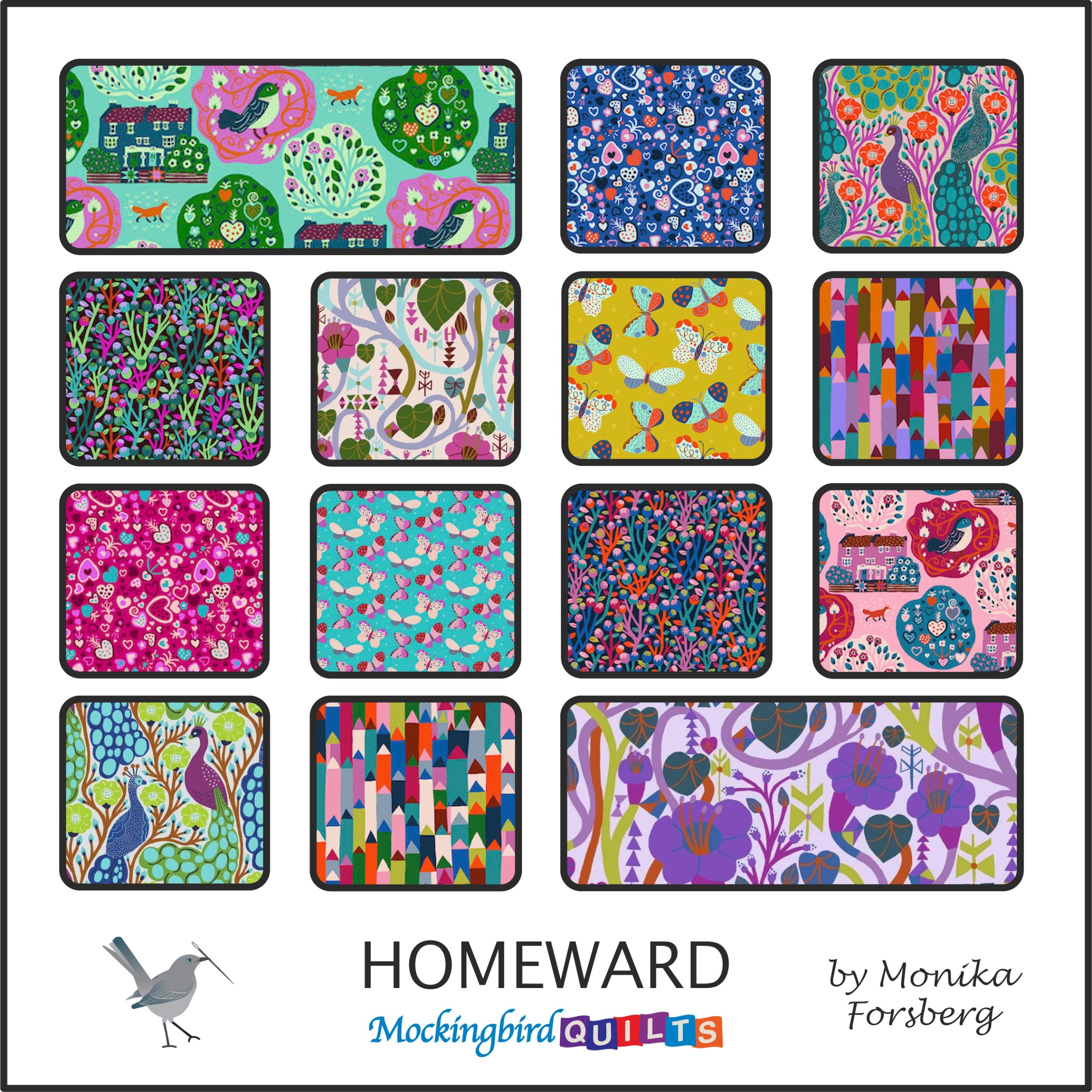 This image shows fourteen fabric swatches in the collection “Homeward” by Monika Forsberg. Layered in rich jewel tones, patterns in this line are bold and graphic, featuring butterflies, pencils, flowers, peacocks, and more.