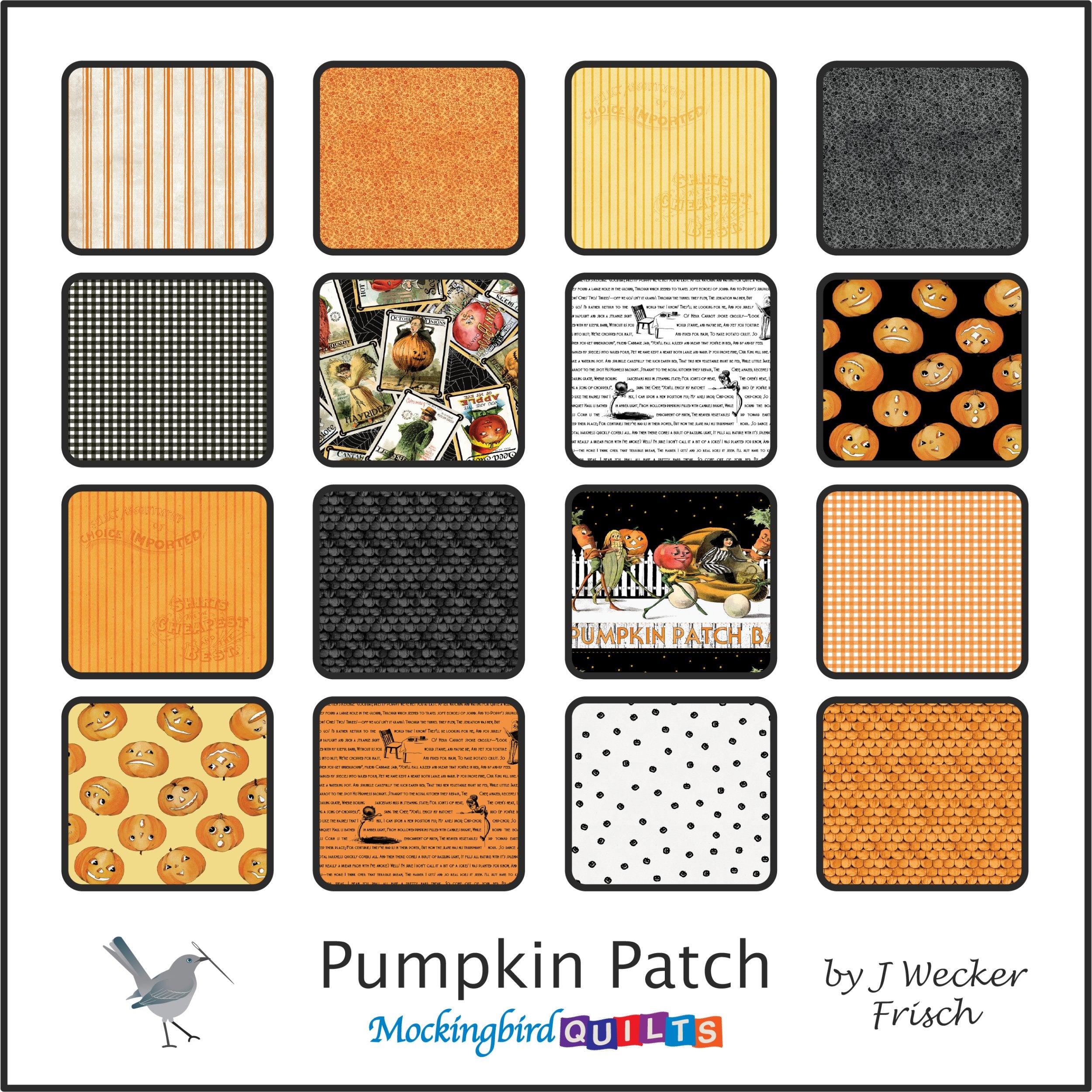 The image shows sixteen fabric swatches from the collection “Pumpkin Patch” by J Wecker Frisch for Riley Blake Designs. This line features Halloween-inspired prints with pumpkins and upholstery textures in orange, yellow, black, and white.