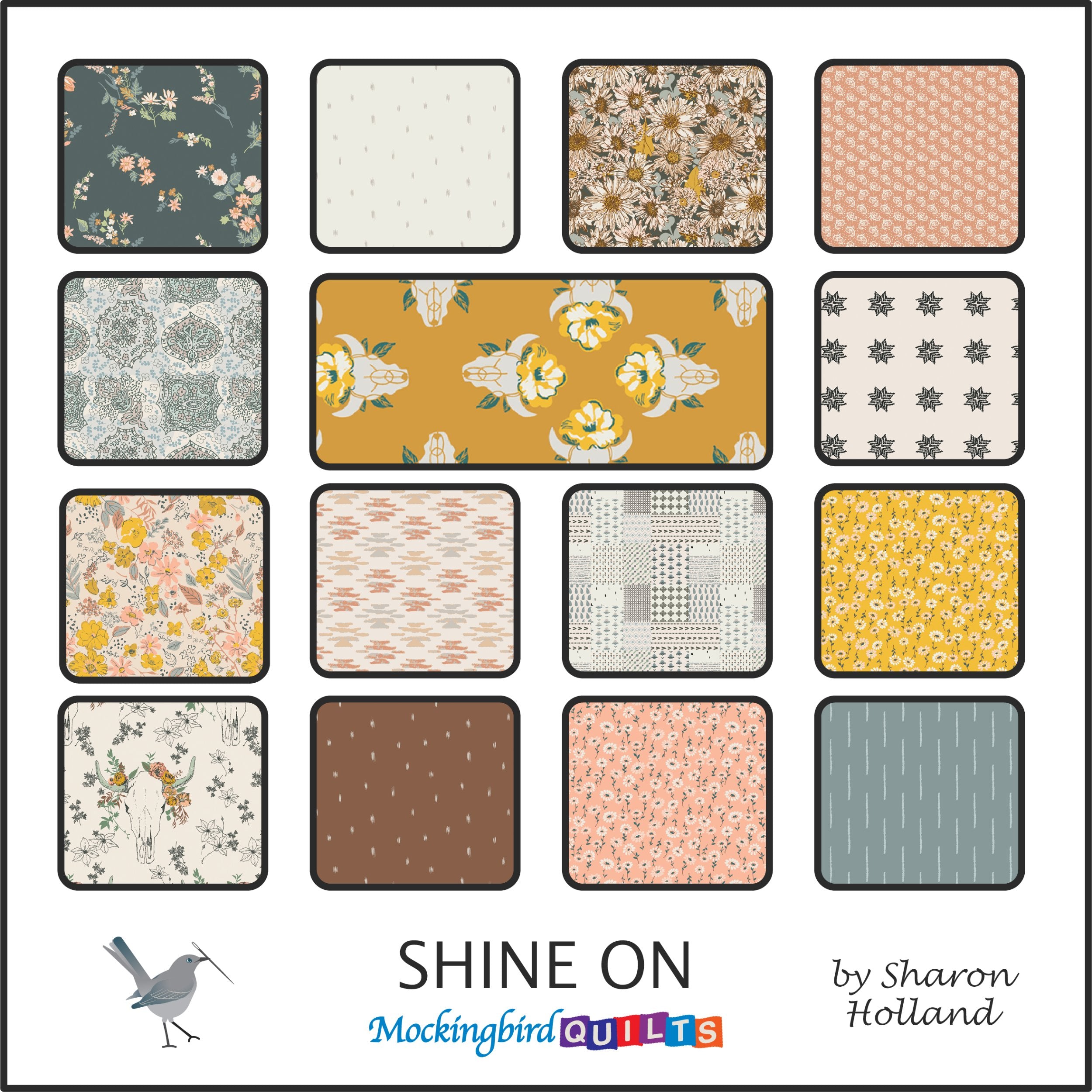 This image shows fifteen fabric swatches in the collection “Shine On” by Sharon Holland. This line was inspired by the transition from winter to spring, with colors like golden yellow, steel blue, white, and sepia tones.