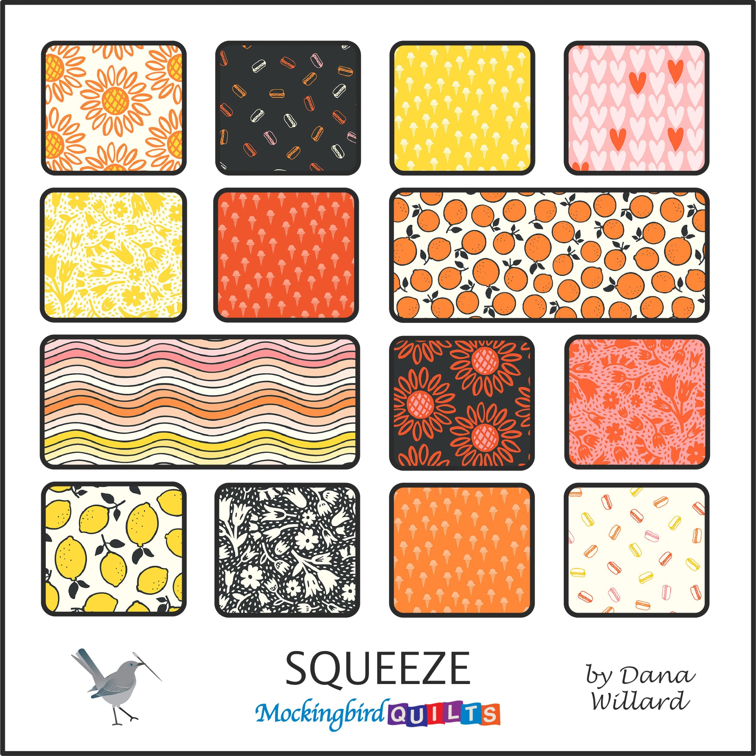 The image shows fourteen fabric swatches from the collection “Squeeze” by Dana Willard. The swatches are in bright, cheerful colors evocative of summertime, with prints of oranges, lemons, sunflowers, and more.