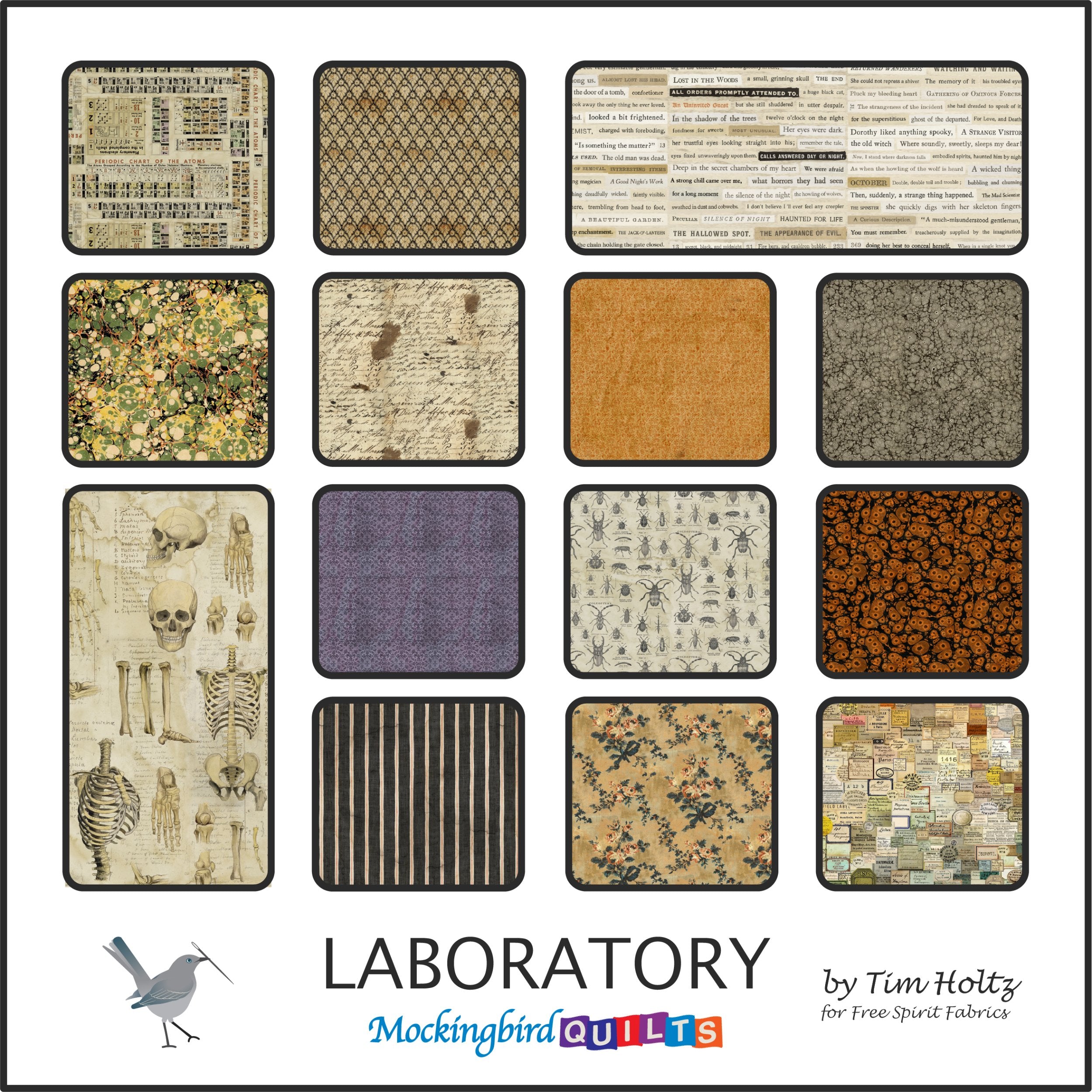 The image shows fourteen fabric swatches from the collection “Laboratory” by Tim Holtz for Free Spirit Fabrics. This line features earth-toned prints inspired by scientific experiments and biological studies.