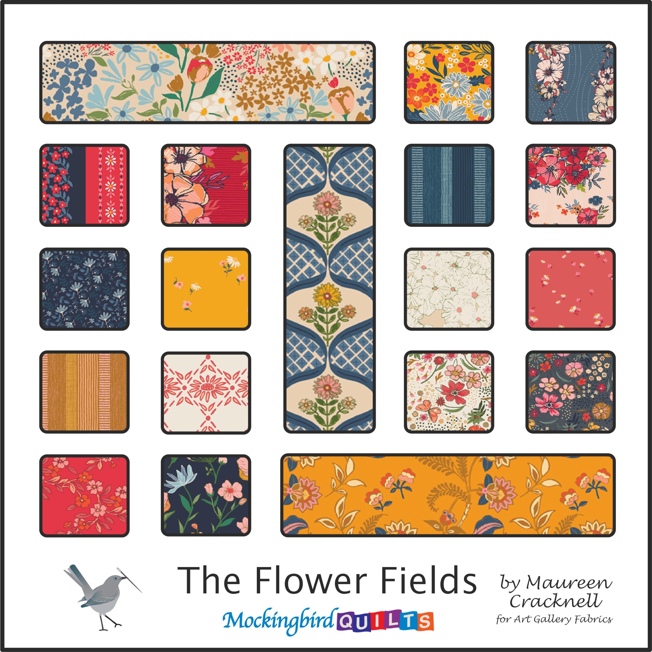 The image shows nineteen fabric swatches from the collection “Flower Fields” by Maureen Cracknell for Art Gallery Fabrics. This line features dynamic floral prints in vibrant reds, yellows, blues, and creams.