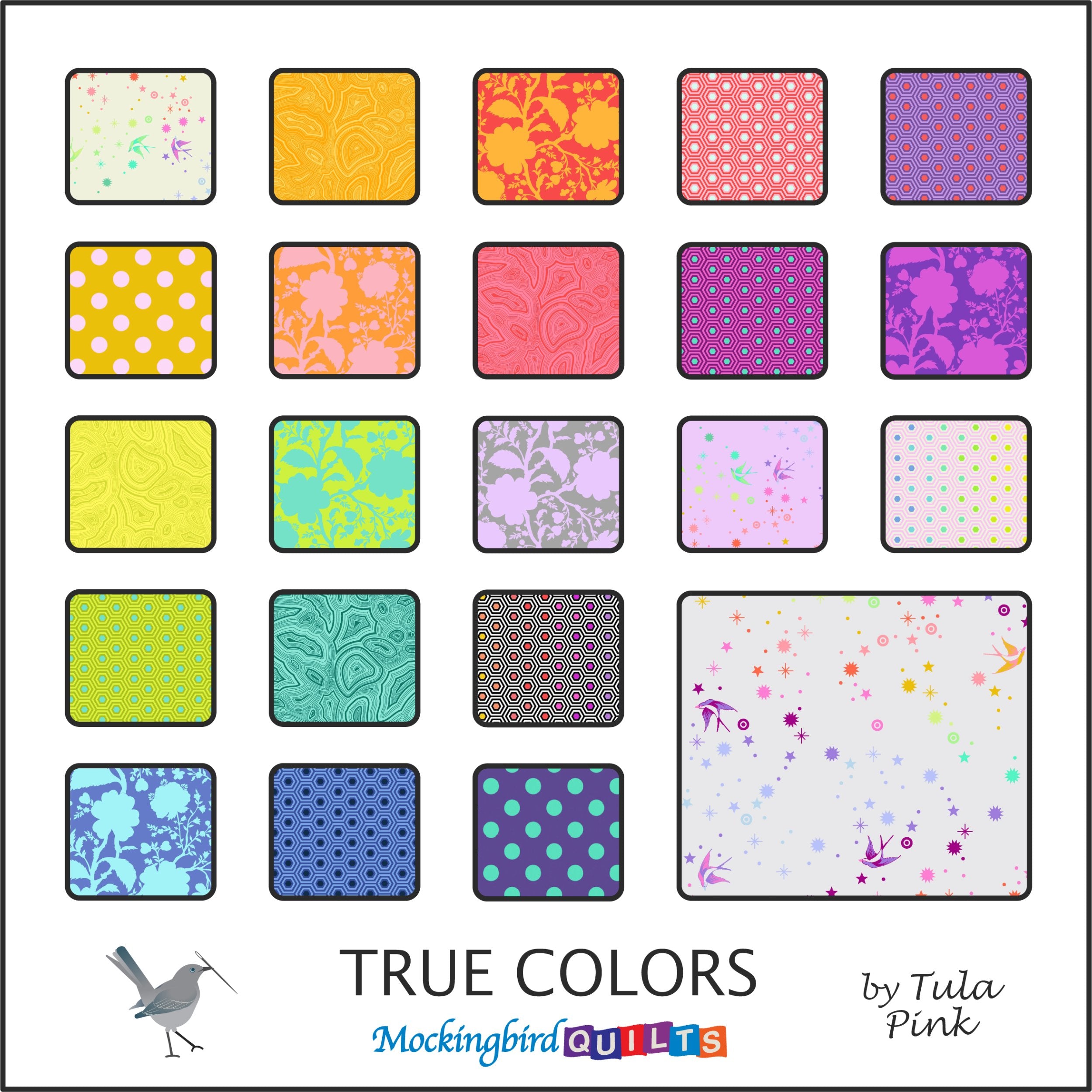 The image shows twenty-two fabric swatches from Tula Pink’s “True Colors” fabric line. This collection includes core colors that make up the world of Tula Pink in a vibrant, playful rainbow.