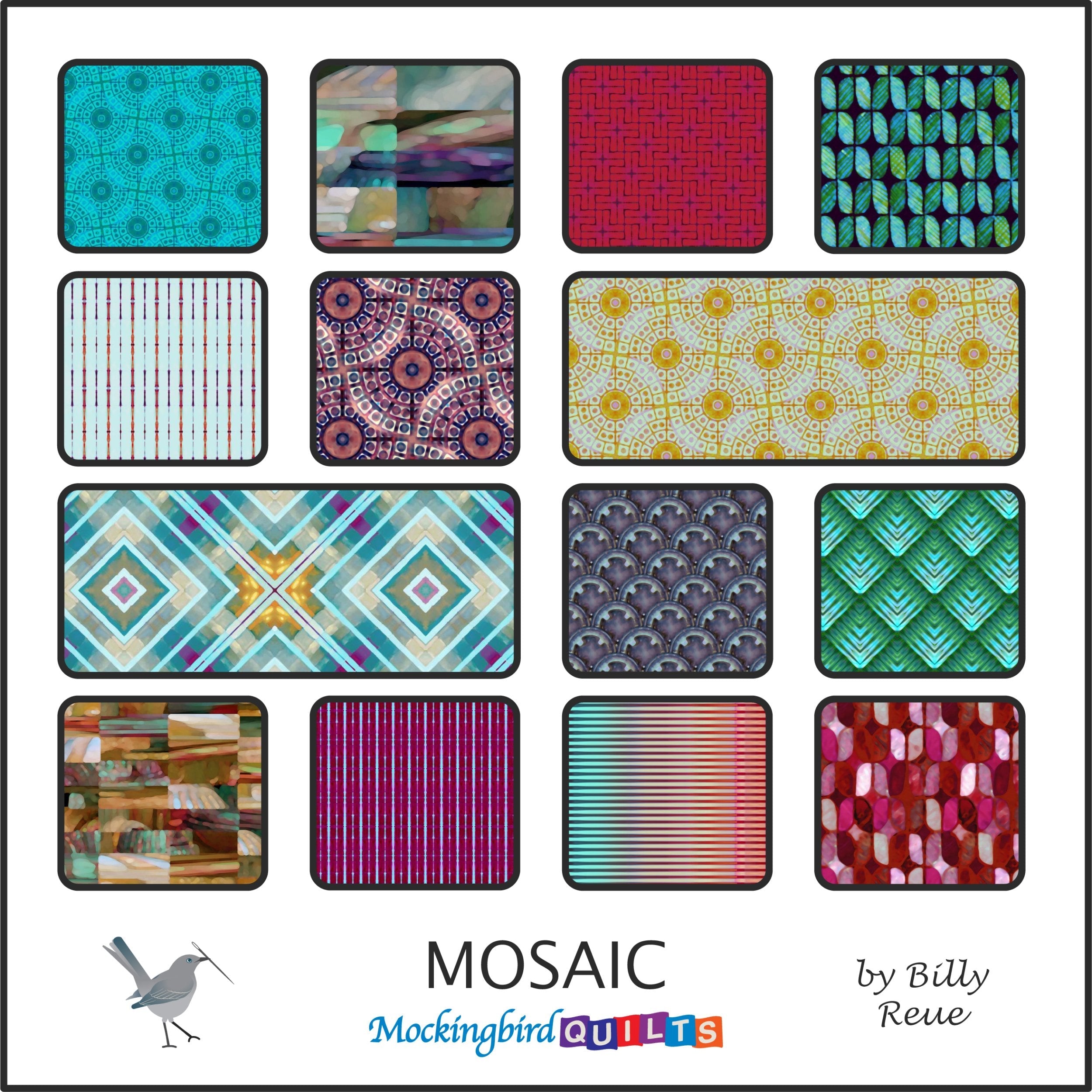 This image shows fourteen fabric swatches in the collection “Mosaic” by Billy Reue. This line was inspired by architectural design elements like stained glass windows, ceramic tiling, and geometric patterns, all in a palette of rich earth tones.