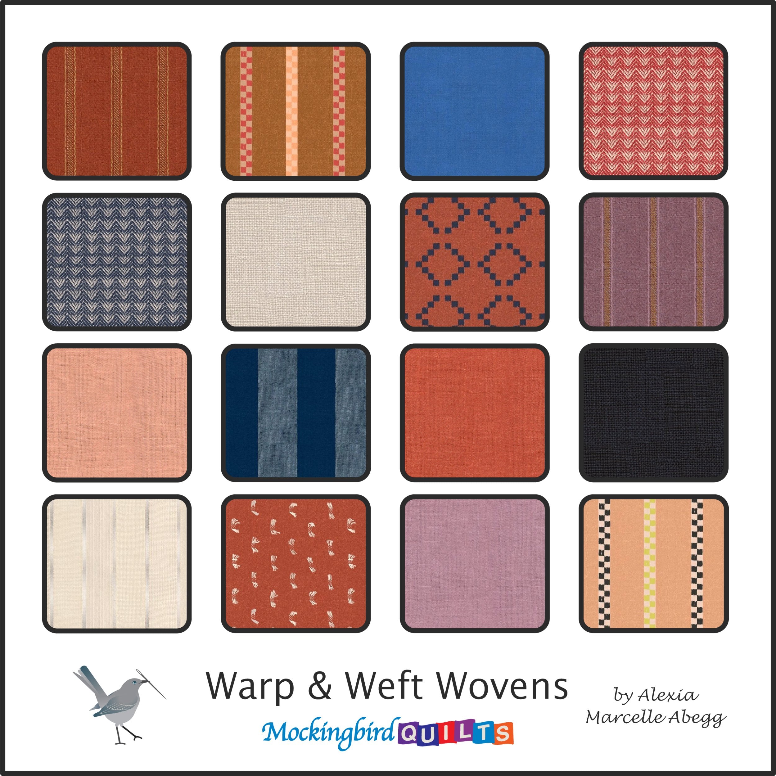 This image shows sixteen fabric swatches from the collection “Warp & Weft Wovens” by Alexia Marcelle Abegg. This line features yarn-dyed fabrics in earthy tones like brick red, parchment, mauve, and apricot. 