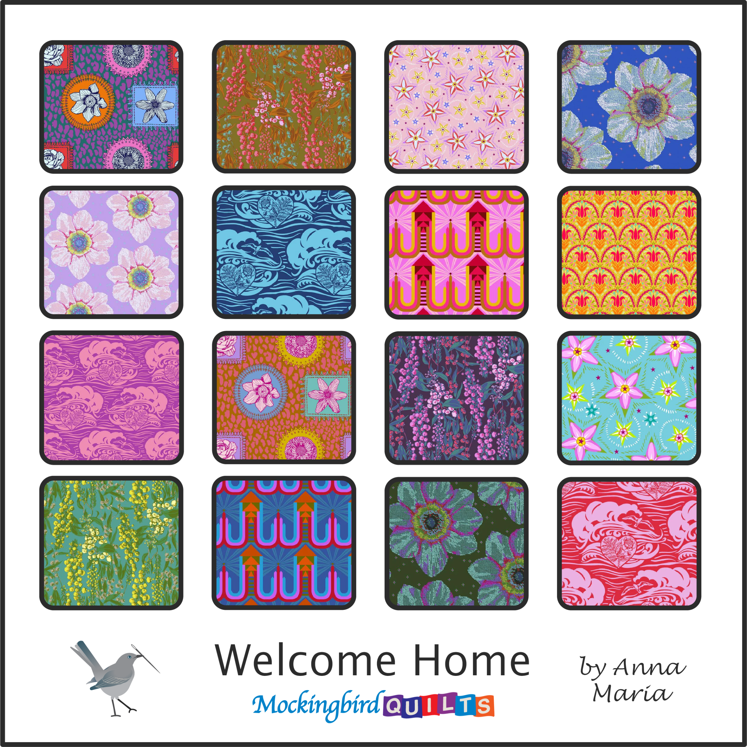 This image shows sixteen fabric swatches in the collection “Welcome Home” by Anna Maria Horner. This fabric line is as colorful as the rainbow, featuring prints of flowers, paisley, graphic shapes, and upholstery-inspired textures.