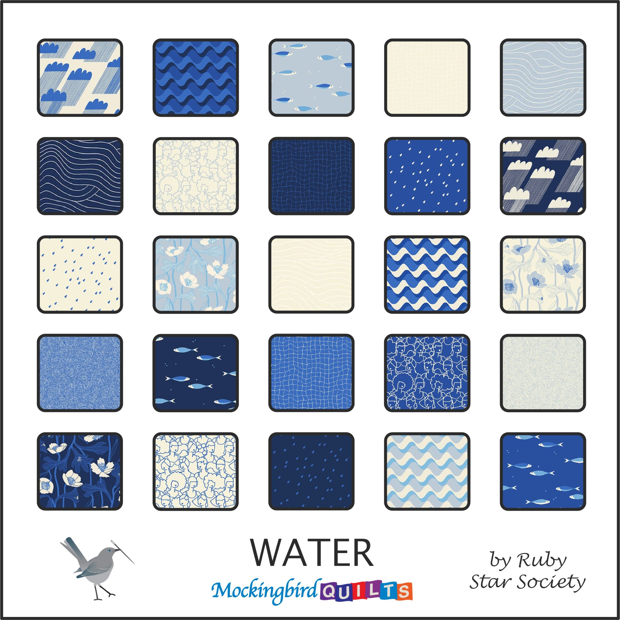 This image shows twenty-five fabric swatches from the collection “Water” by Ruby Star Society. This H2O-themed line features graphic images of clouds, raindrops, fish, and more, all in a blue-and-white color scheme.