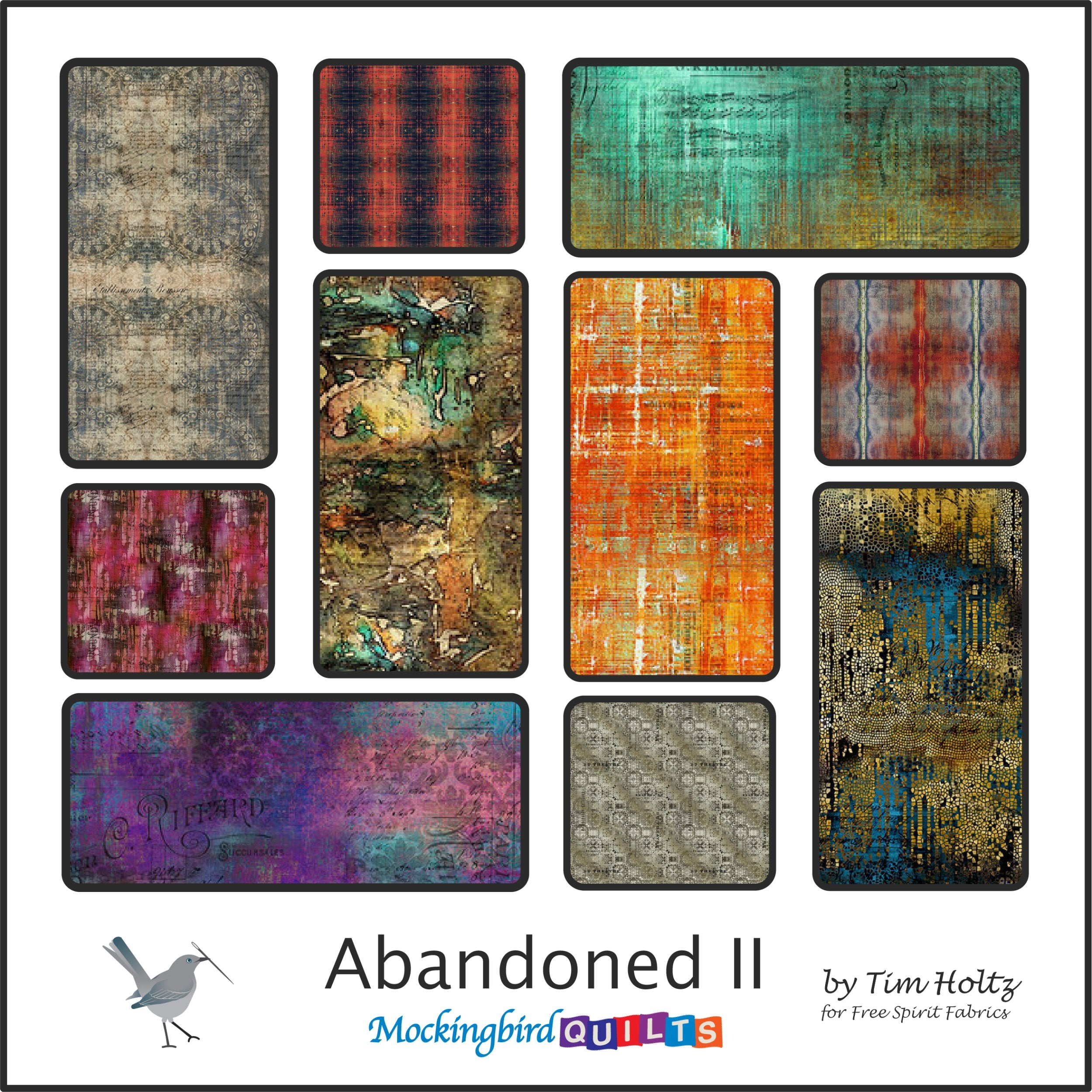 The image shows ten fabric swatches from the collection “Abandoned II” by Tim Holtz for Free Spirit Fabrics. This line includes abstract prints featuring bold brush strokes, fragmented typography, and textured colors.