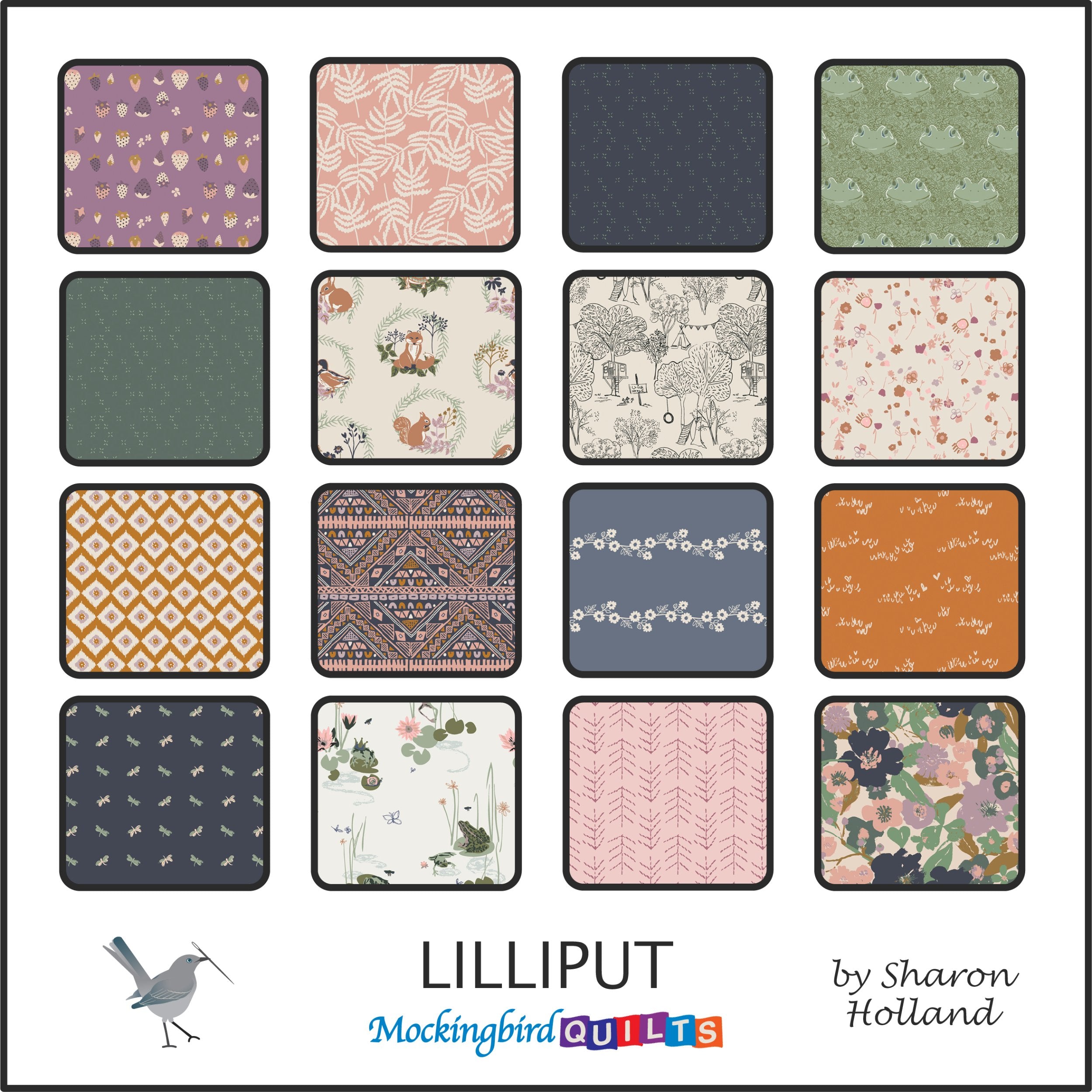 The image shows sixteen fabric swatches for the fabric line “Lilliput” by Sharon Holland. The swatches are in subtle, natural colors like sage, steel gray, and mauve, with nature-inspired patterns like lily pads and florals.