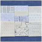 Collection of fabric swatches with various patterns on a blue background