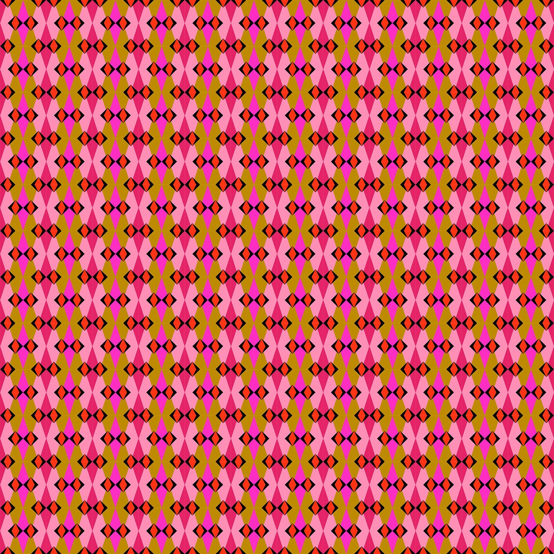 Patterned fabric with a geometric design in pink, coral and butterscotch.
