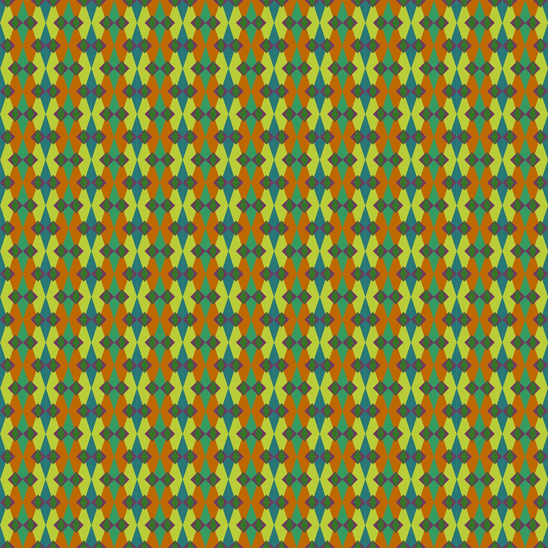 Patterned fabric with a geometric design in green, orange, and blue.
