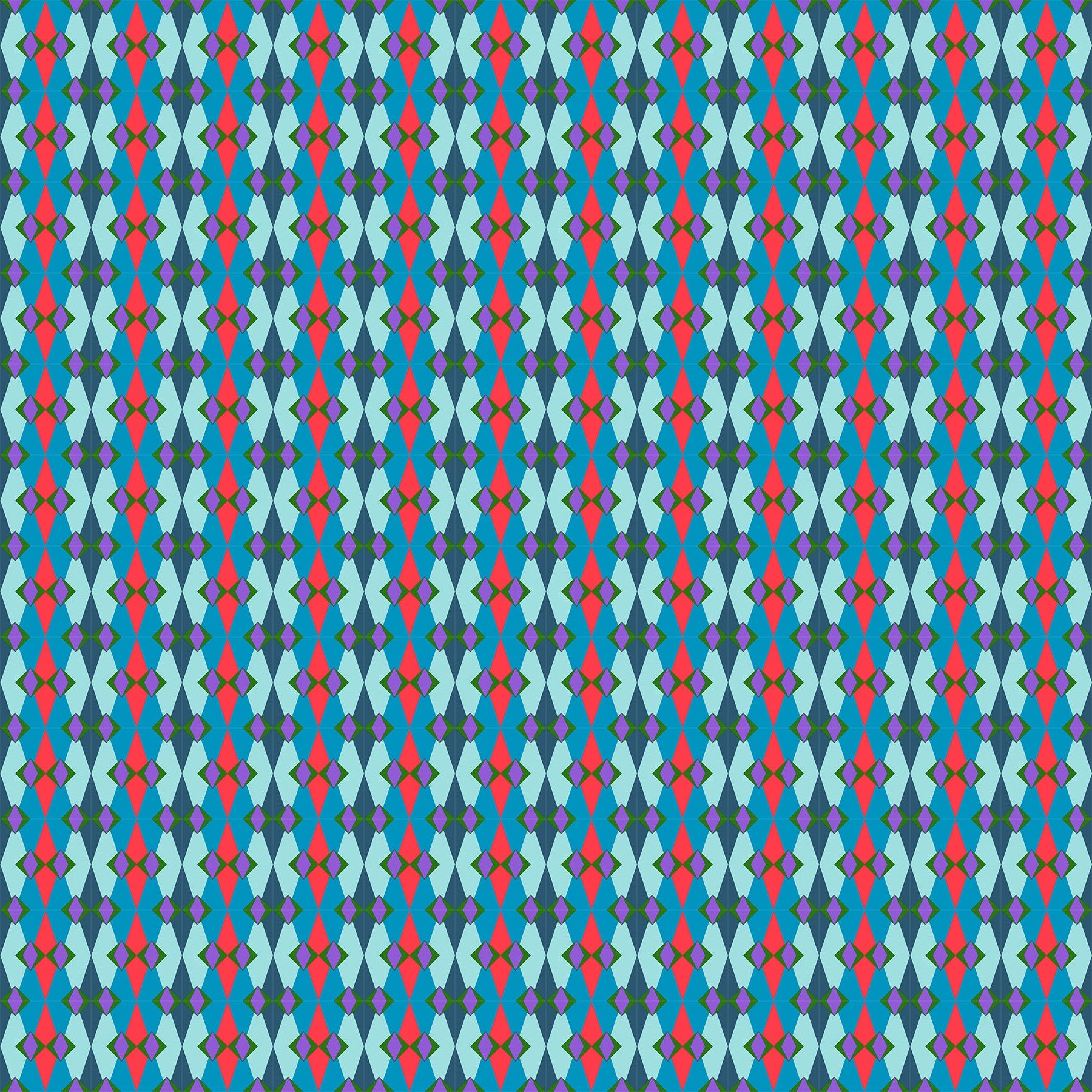 Patterned fabric with blue, red, and purple colors on a blue background