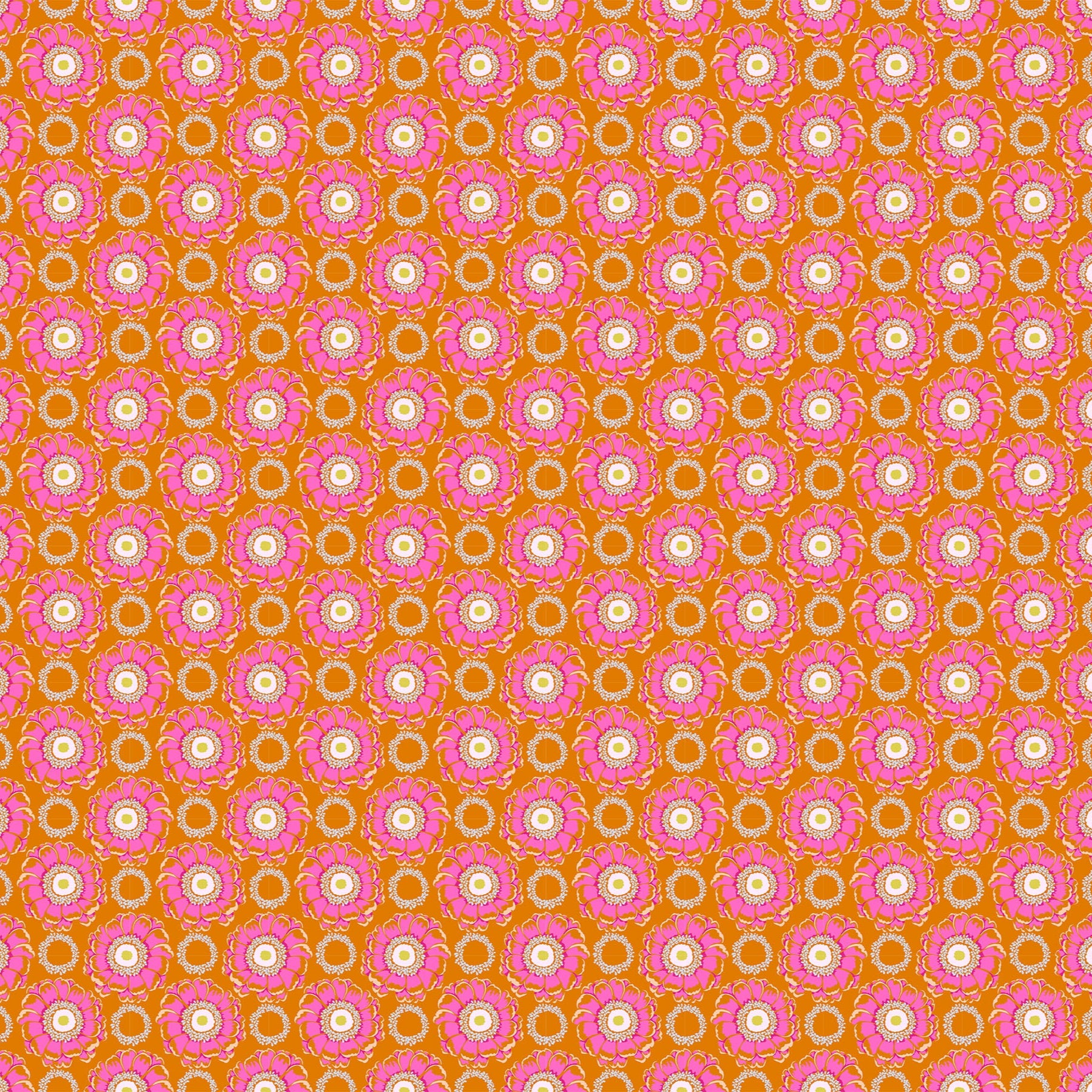 Pattern of pink flowers and gray circles on a toast background.