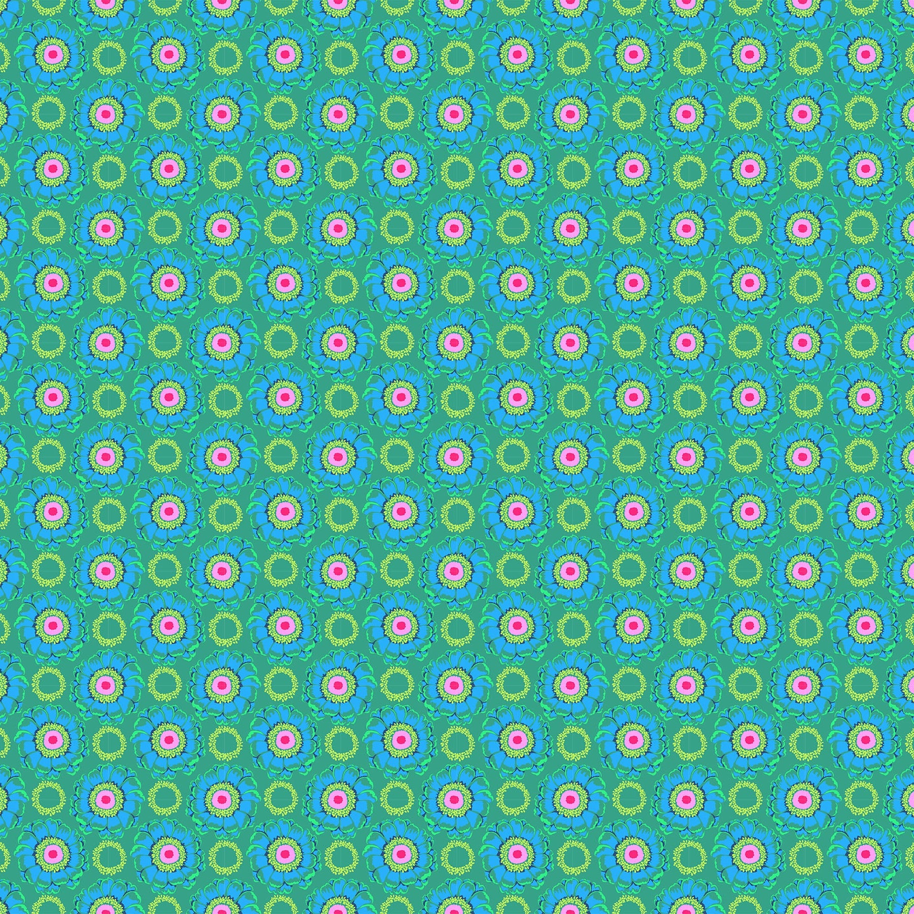 Pattern of concentric circles with pink centers on a blue and green background
