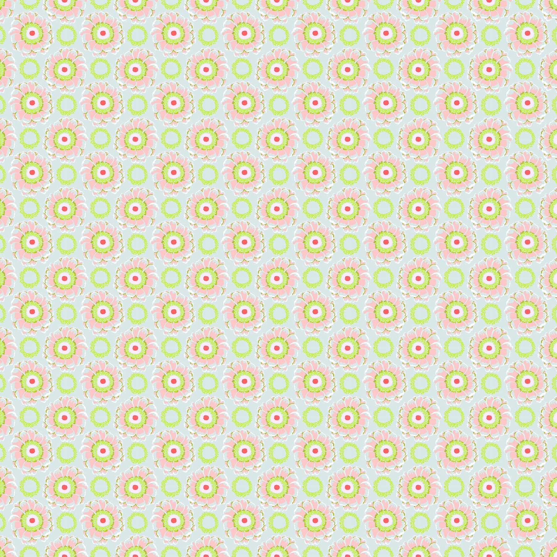 Pattern of small pink and green flowers on a light blue background
